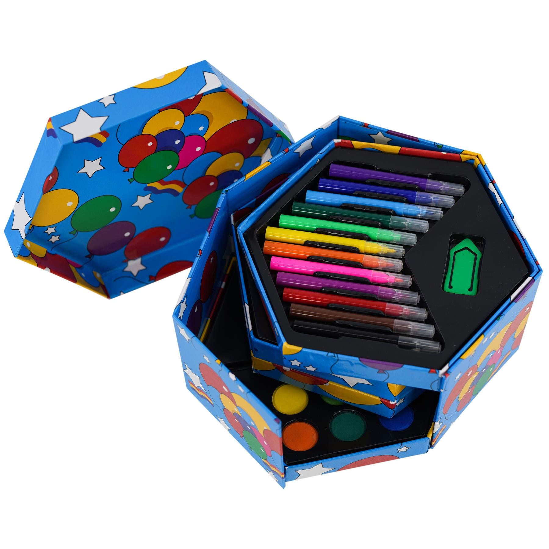 The art set displays numerous colored pens stored neatly inside a hexagonal blue and red box.