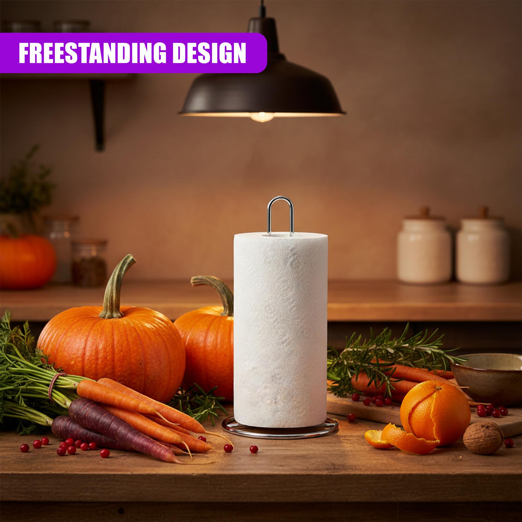 Chrome roll stand with white paper, placed on a wooden counter surrounded by autumn vegetables.