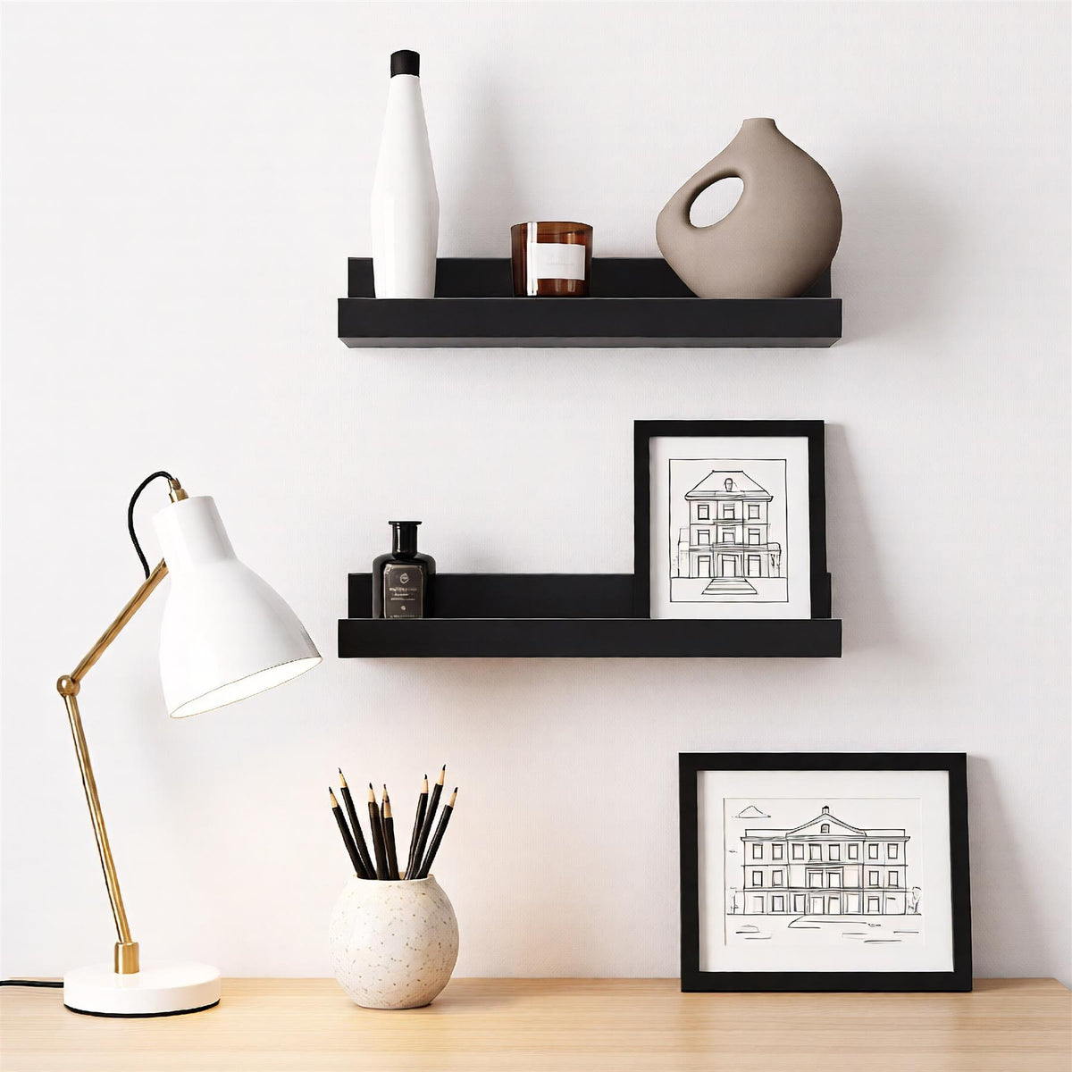 GEEZY Black Floating Shelf 30 cm Pack 2 – Three shelves display décor and books on a light wood surface