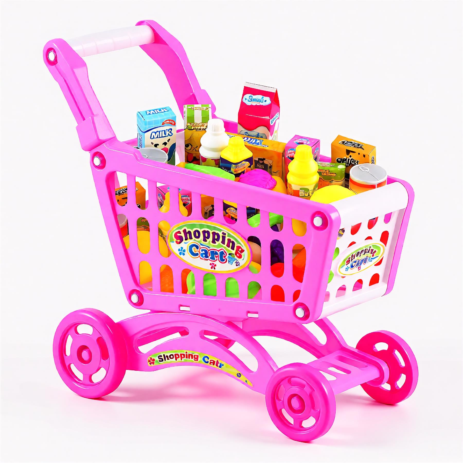 "Pink play shopping cart with colorful food items and wheels." - The Magic Toy Shop