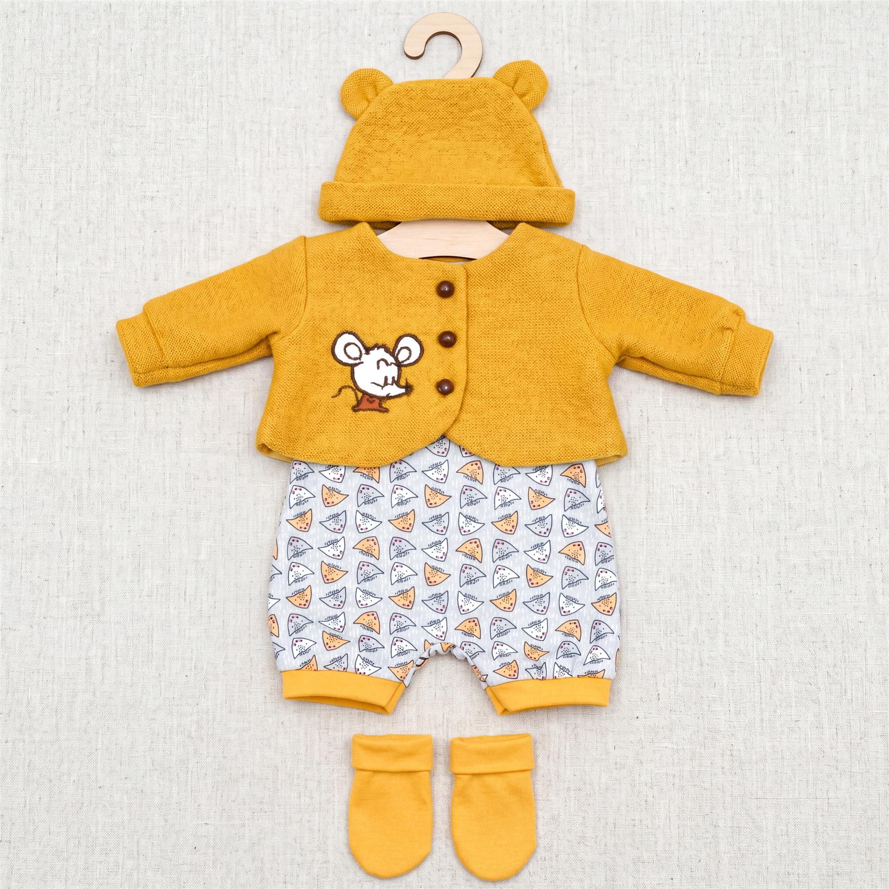 Mustard yellow doll outfit including a hooded top, patterned trousers, and matching yellow socks.
