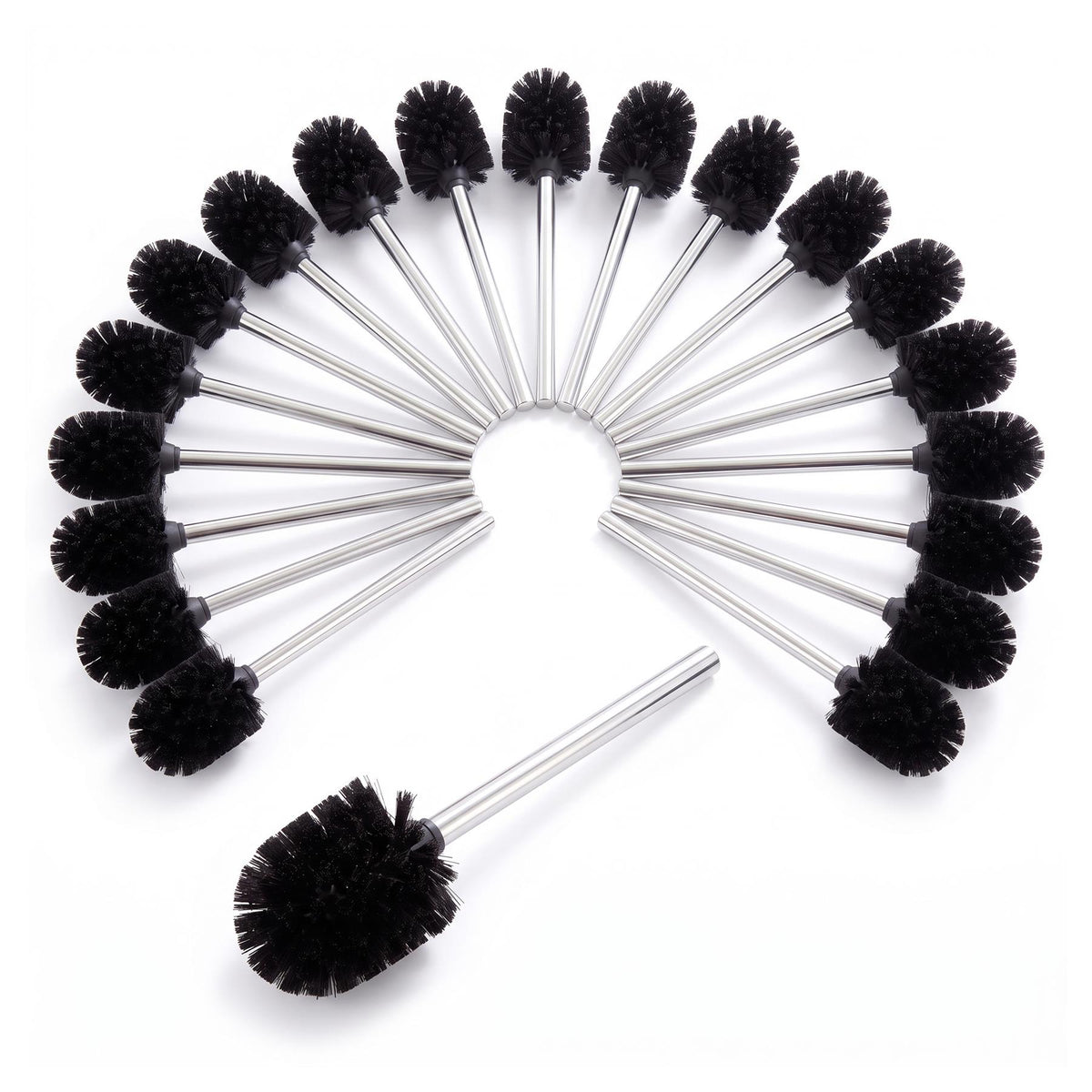 Set of 20 stainless steel toilet brushes with black bristles arranged in a circle