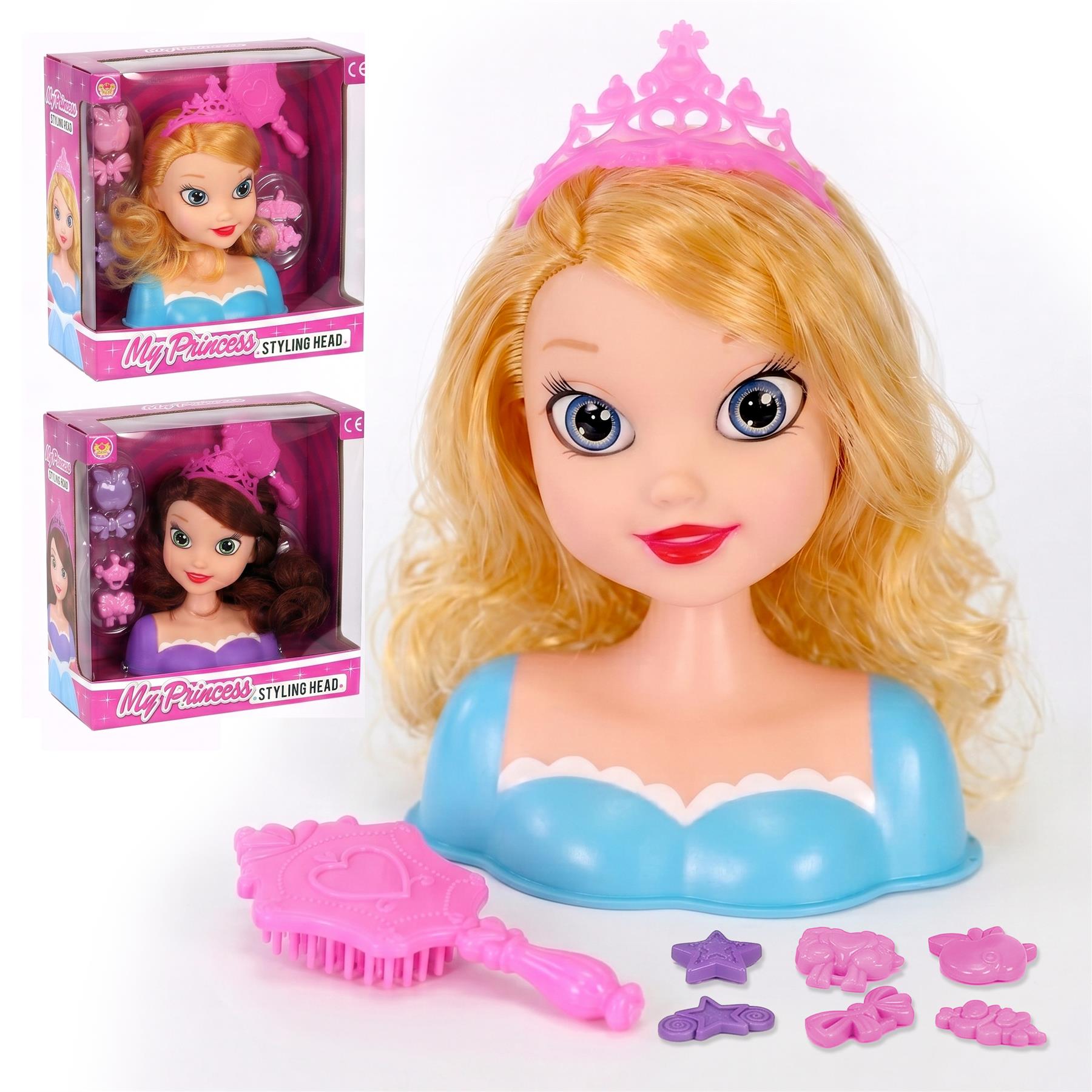 Blonde styling head accessory set includes a crown, brush, and various pink plastic pieces.