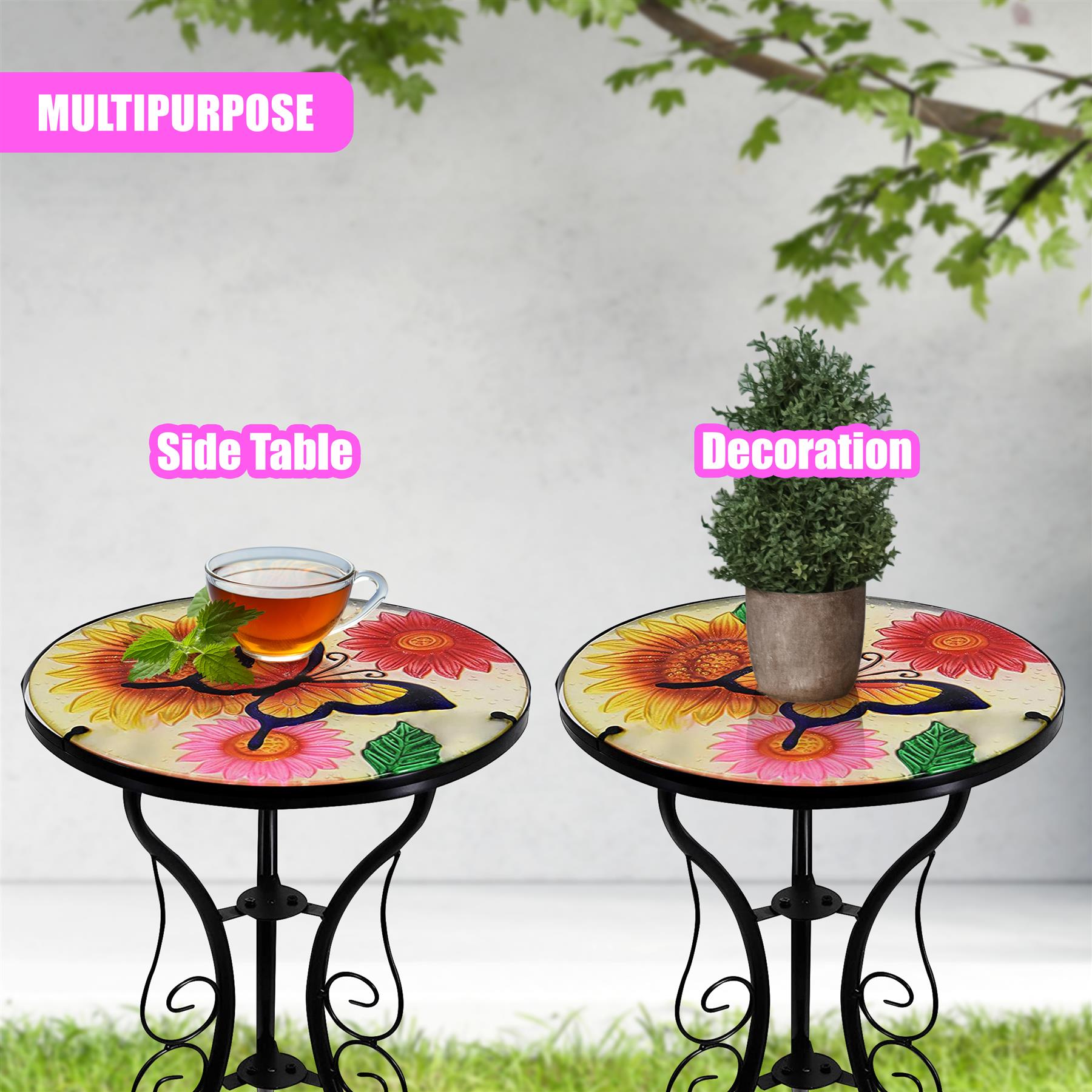 Round Side Garden Mosaic Table With Flowers and Butterfly Design by Geezy - The Magic Toy Shop