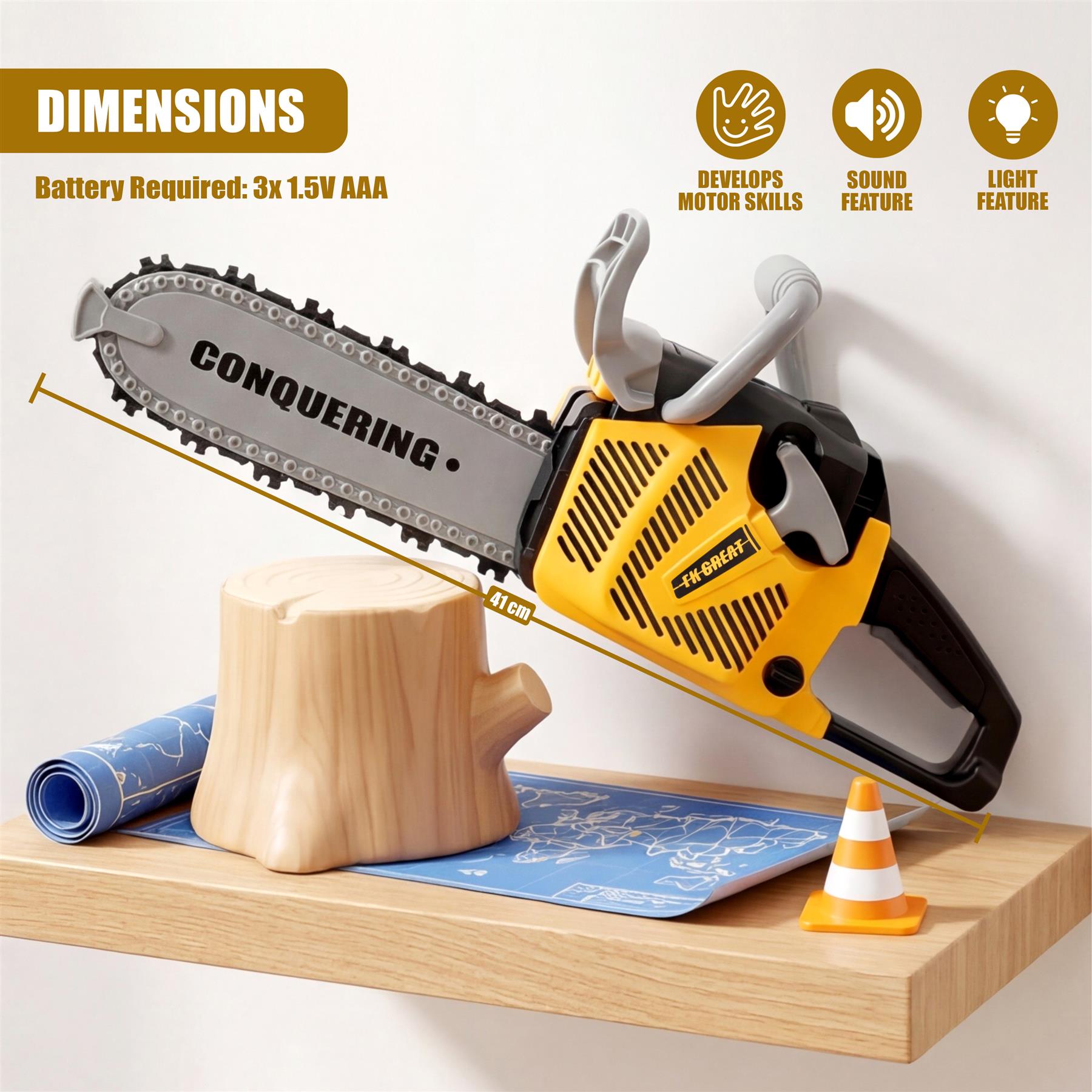 The yellow toy chainsaw is positioned near a wood stump, blueprint, and small orange traffic cone.