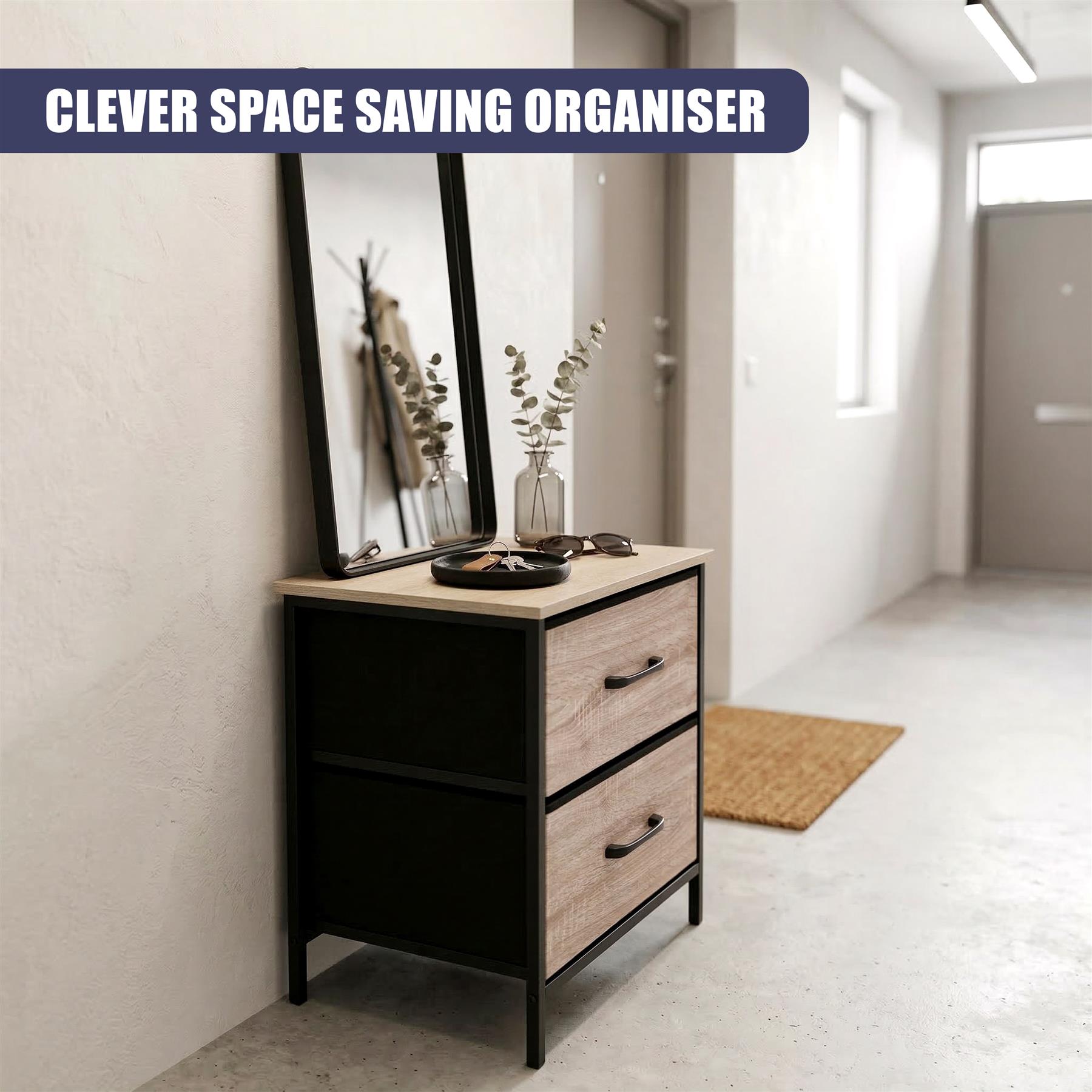 Two-drawer bedside table with a dark frame and light wood-colored drawer panels.