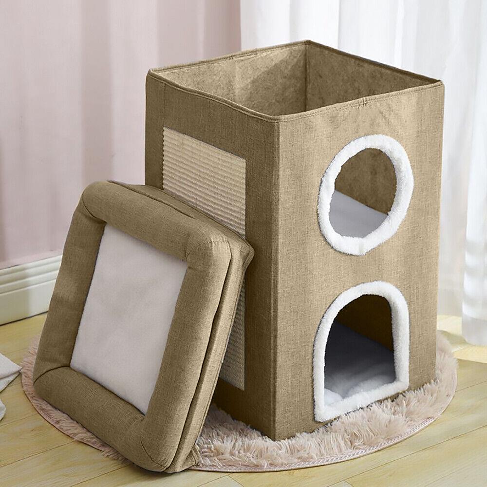 A multi-level cat house made of soft, durable fabric with a removable cushion and a built-in scratching post. - The Magic Toy Shop