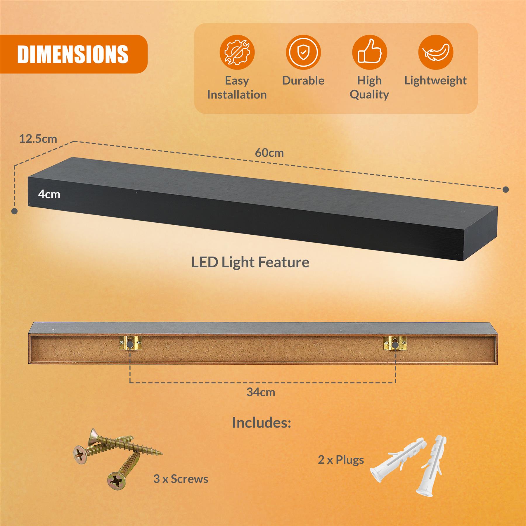 Black Floating Wooden Wall Shelf with LED Lights - 60cm by GEEZY - The Magic Toy Shop