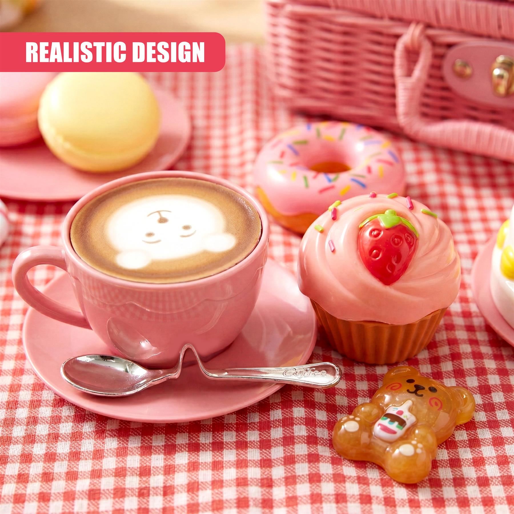 Miniature tea party set featuring a latte cup, donut, cupcake, and bear candy.