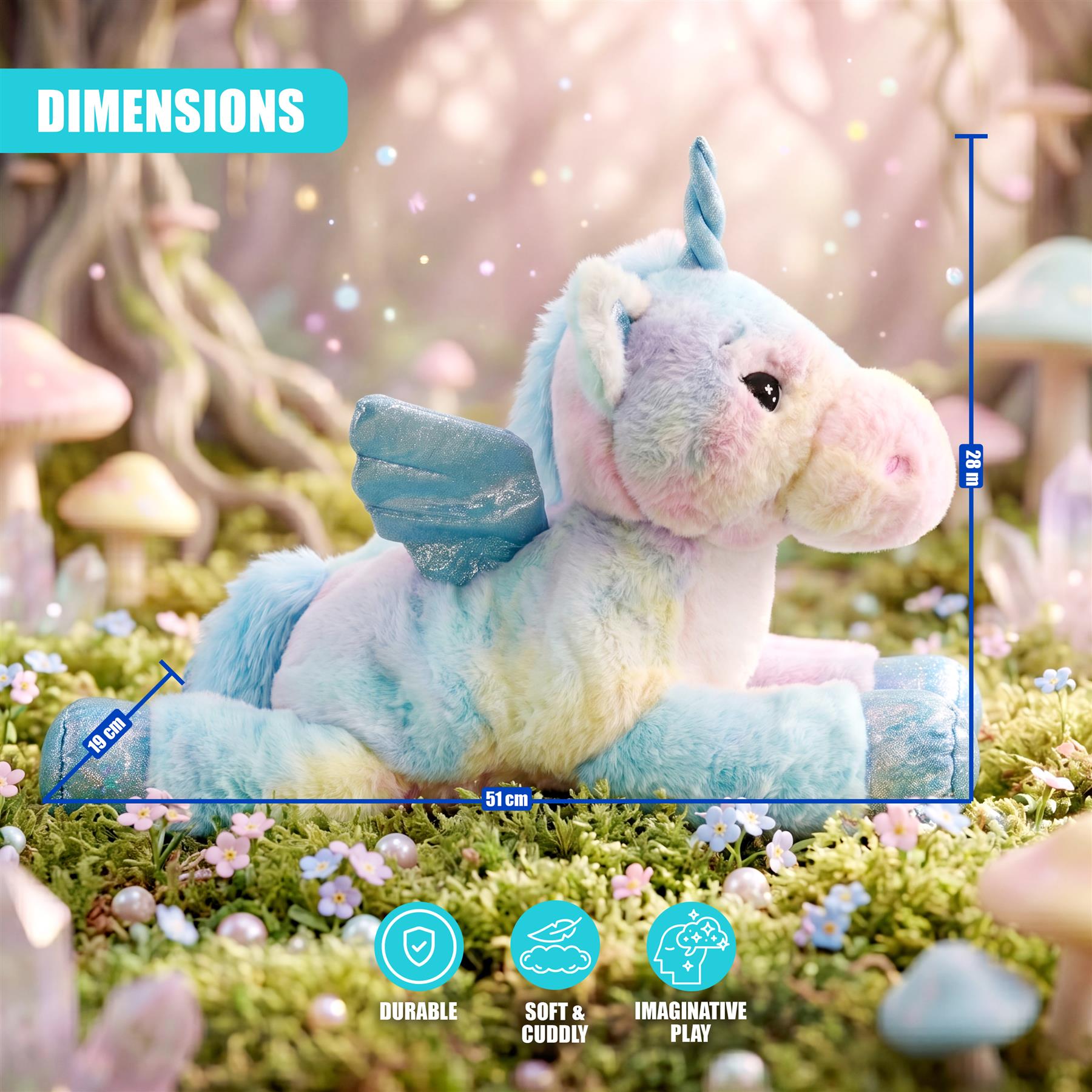 Soft blue plush unicorn toy shown with measurements of twenty inches tall and eighteen inches wide.