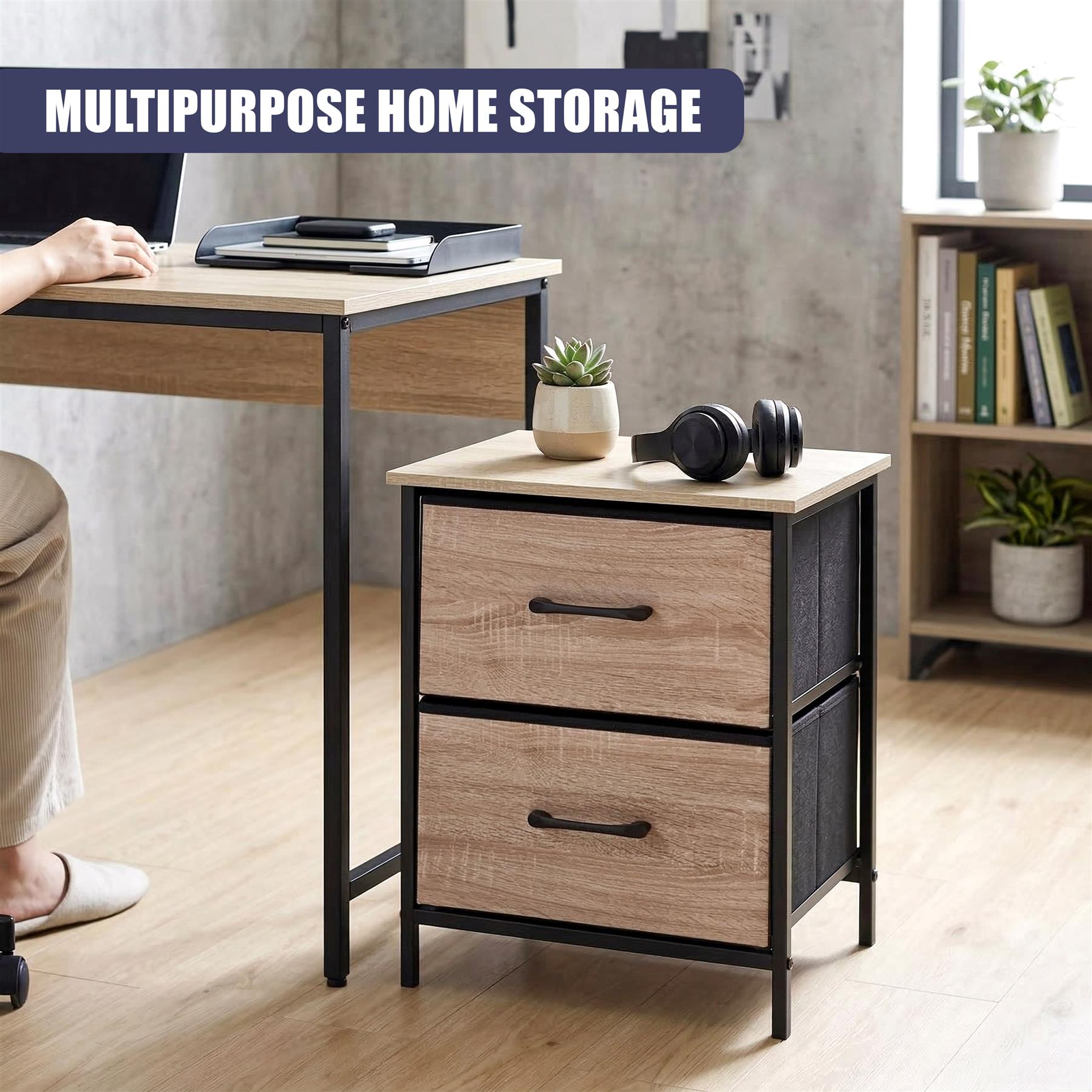 Two stacked drawers housed in a dark metal frame with a light wood grain top surface.