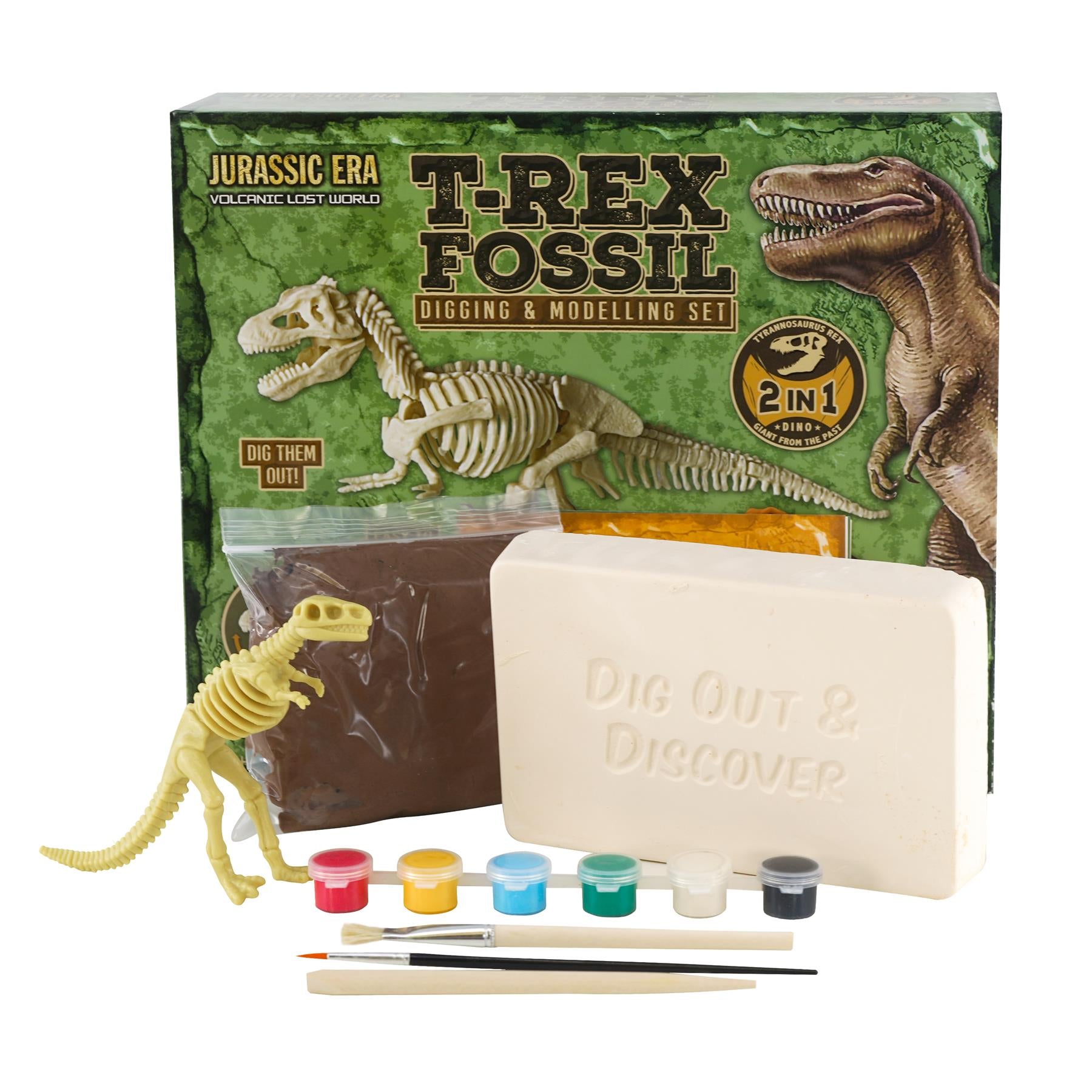 Science kit containing a fossil dig block, T-Rex skeleton model, paints, and excavation tools.
