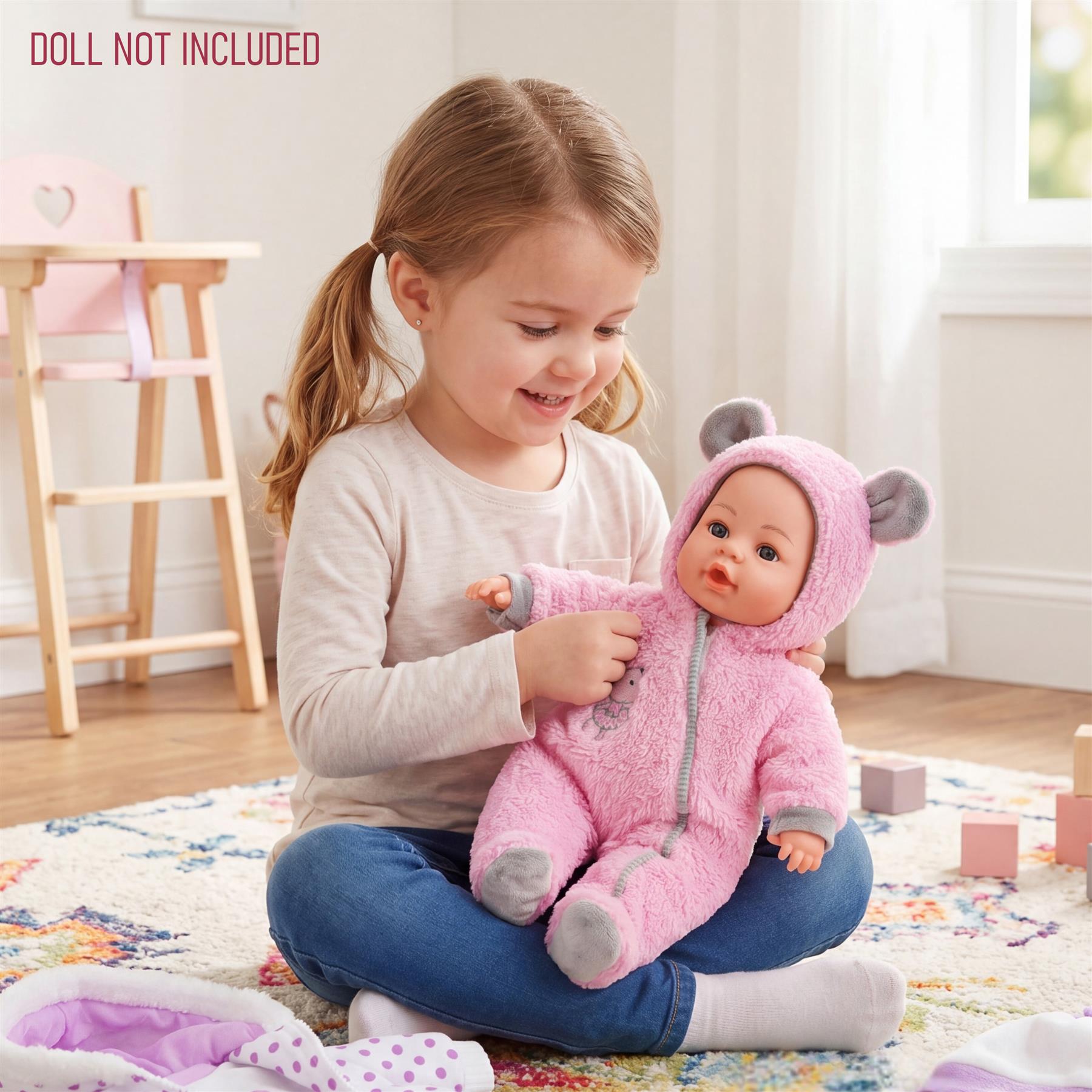Young girl holding a doll dressed in a soft pink hooded fleece outfit while sitting on a rug.