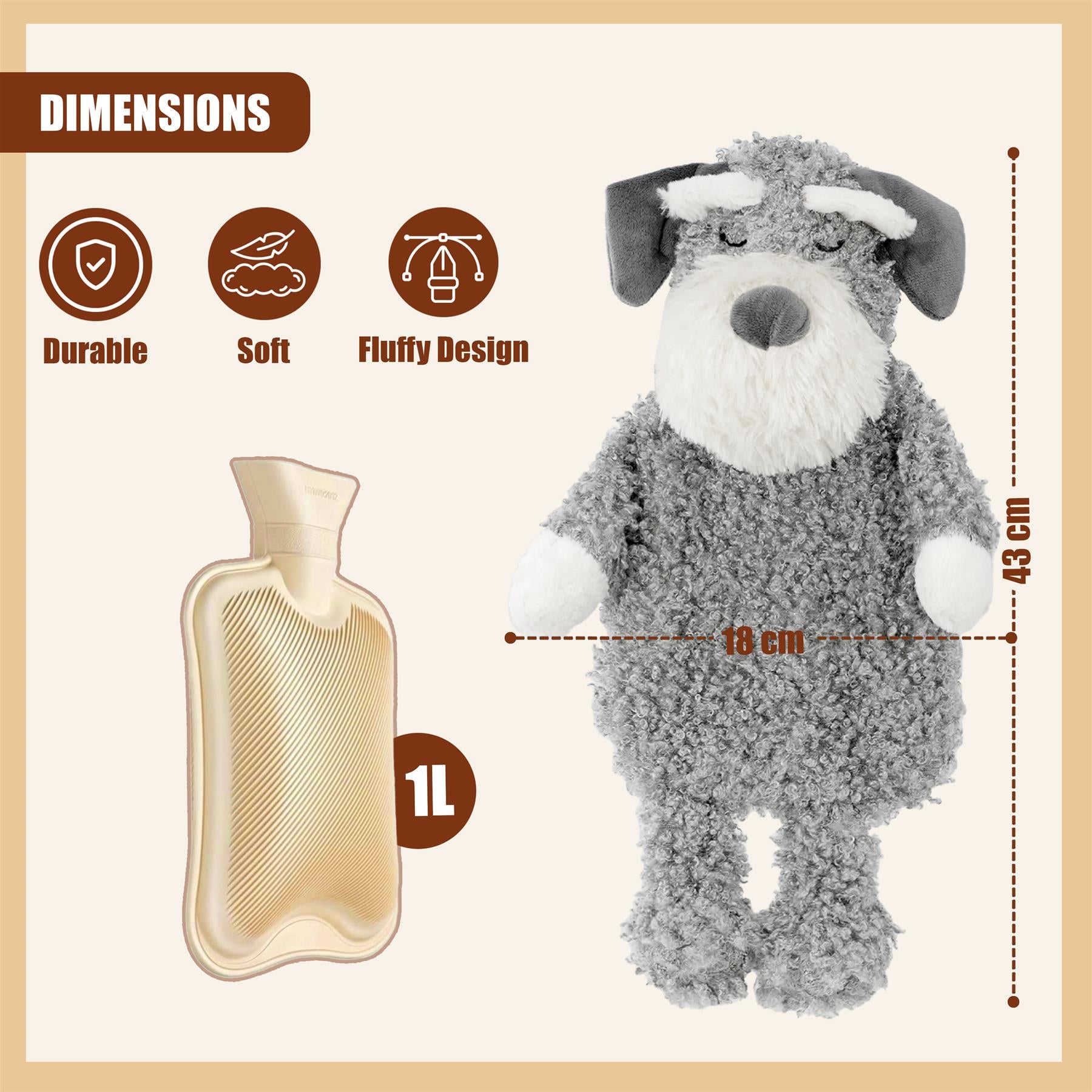 Hot Water Bottle With Plush Fluffy Cover 1L (Grey) by GEEZY - The Magic Toy Shop