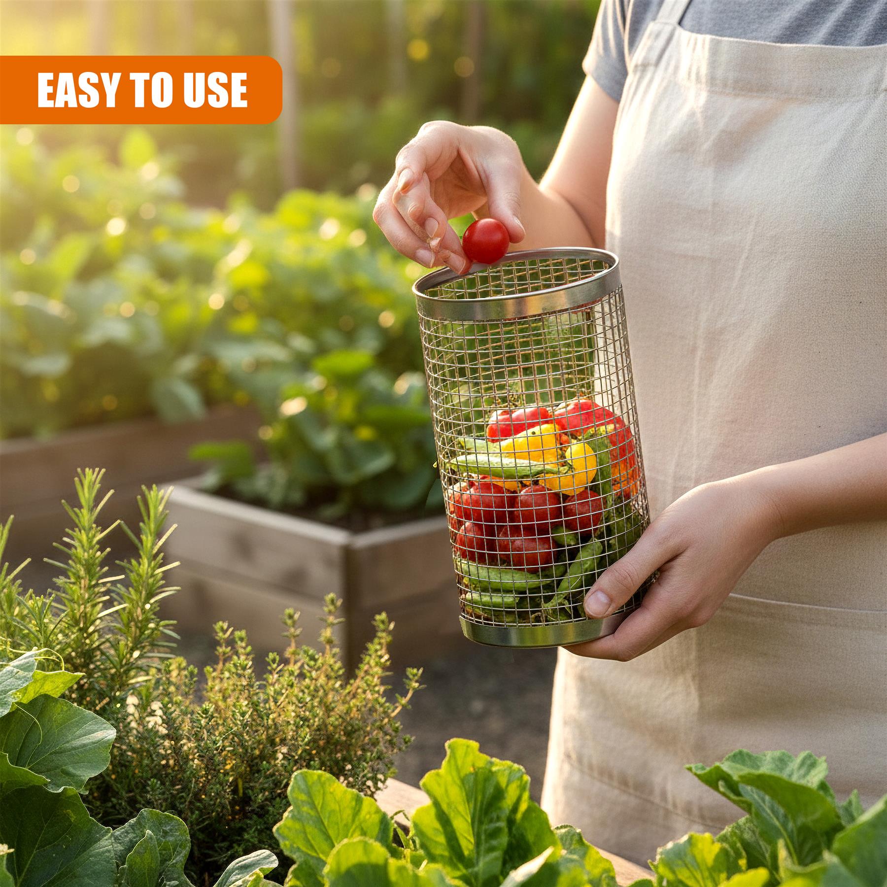 A person holds a wire basket filled with tomatoes and peppers outdoors.