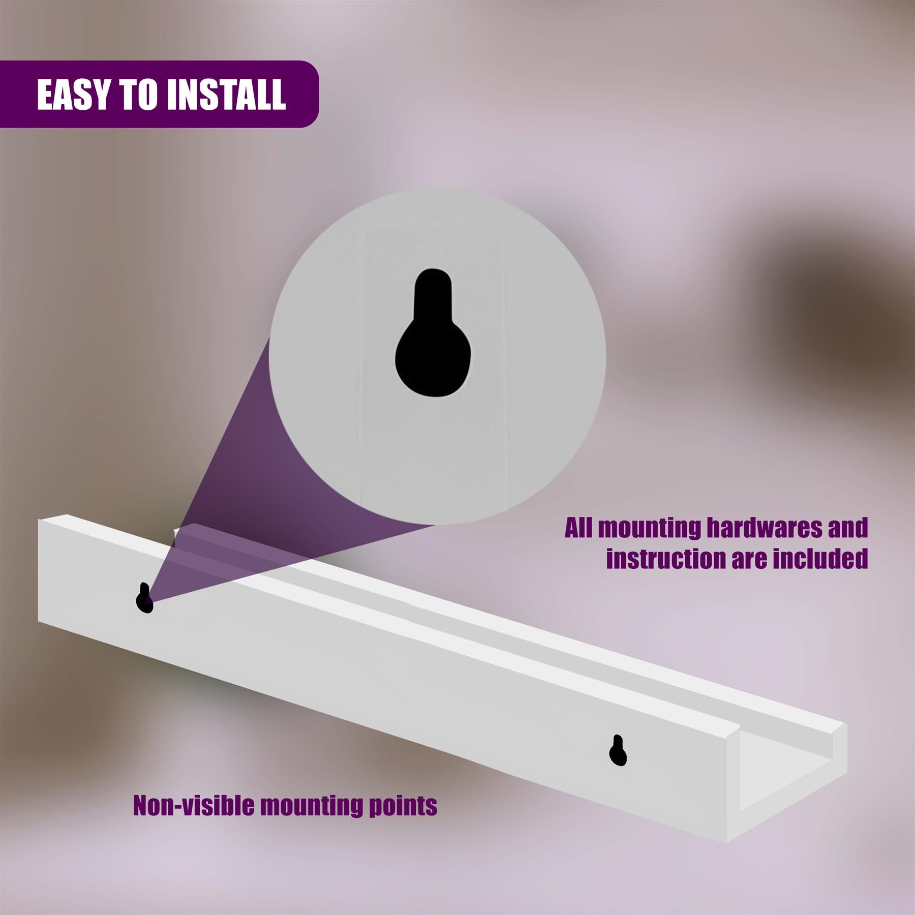 A white wall-mounted shelf with a simple, modern design. The shelf has a flat, horizontal surface and a small, rounded lip at the top. It is mounted to the wall using a small, hidden bracket. The shelf is made of a durable, high-quality material and is designed to hold a variety of small, lightweight objects. - The Magic Toy Shop