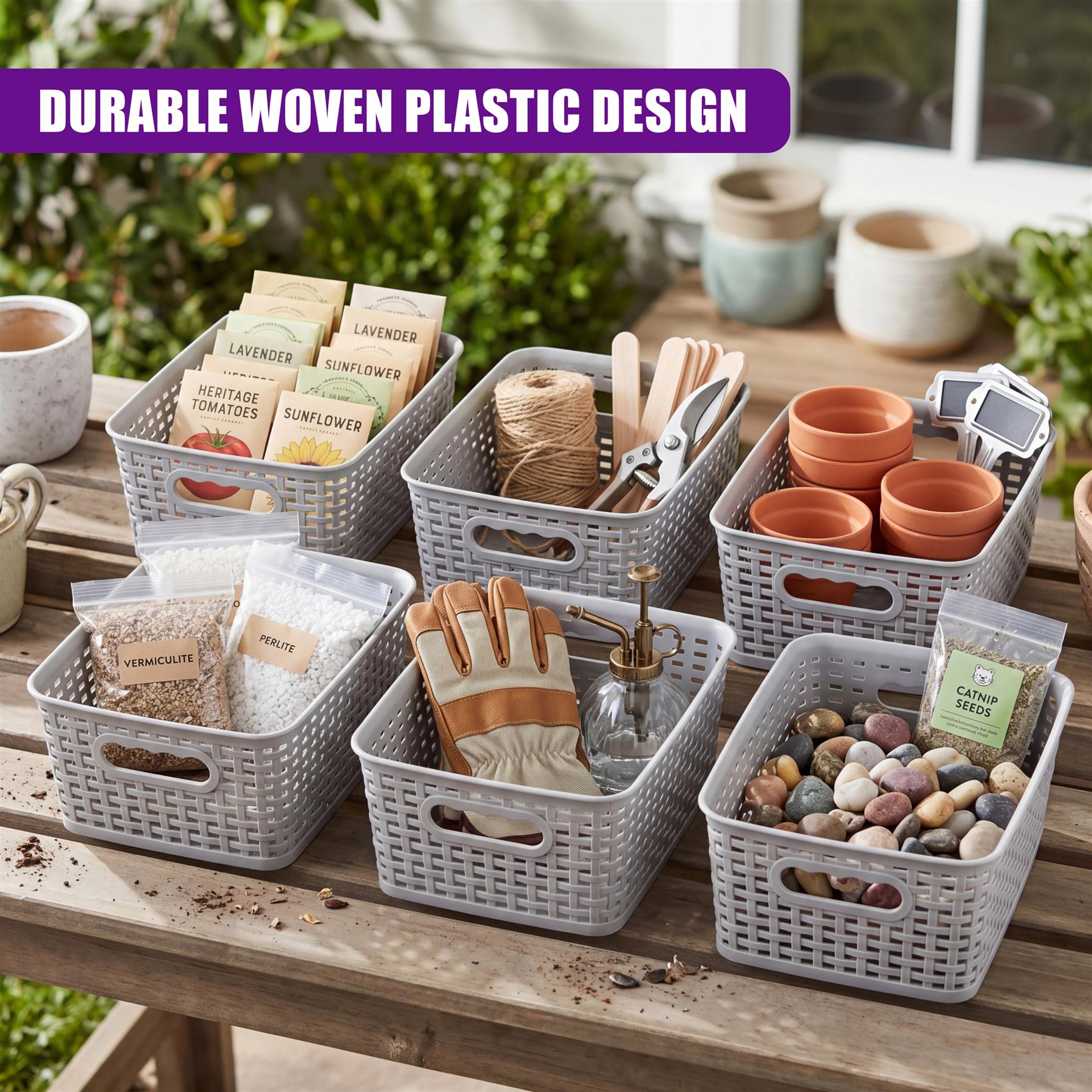 Multiple woven plastic baskets filled with seeds, soil amendments, tools, and decorative gardening pebbles.