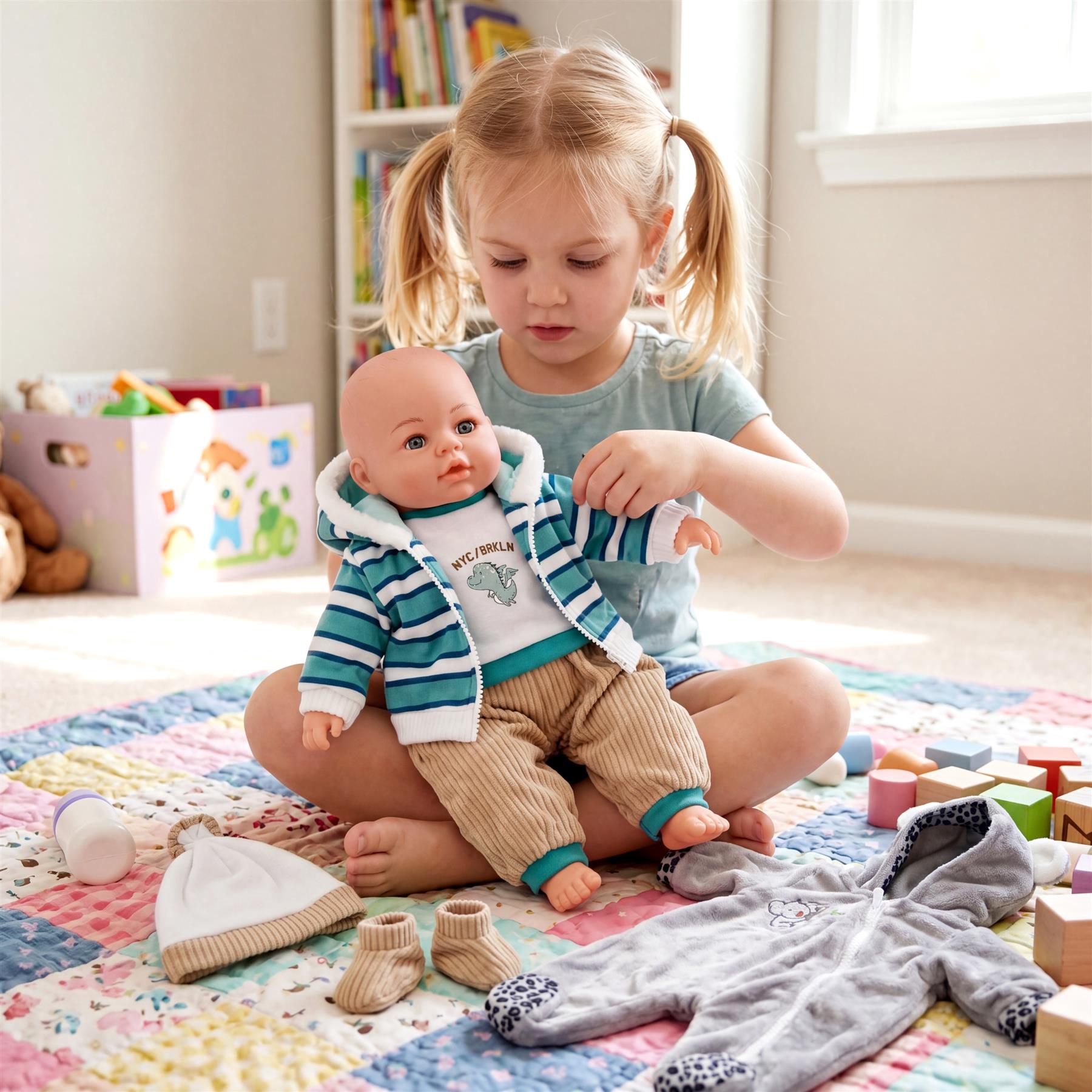 Assortment of doll clothes including a striped outfit, bear costume, hat, and tiny booties are laid out.