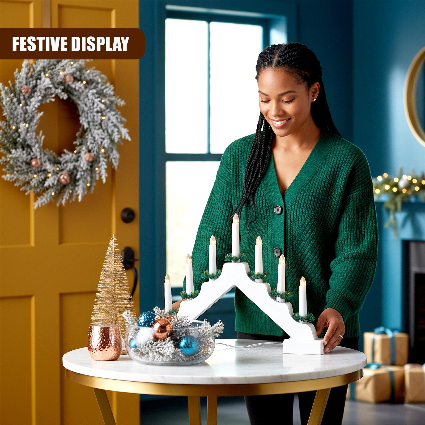 White Wooden Candle Bridge with 7 LED Lights