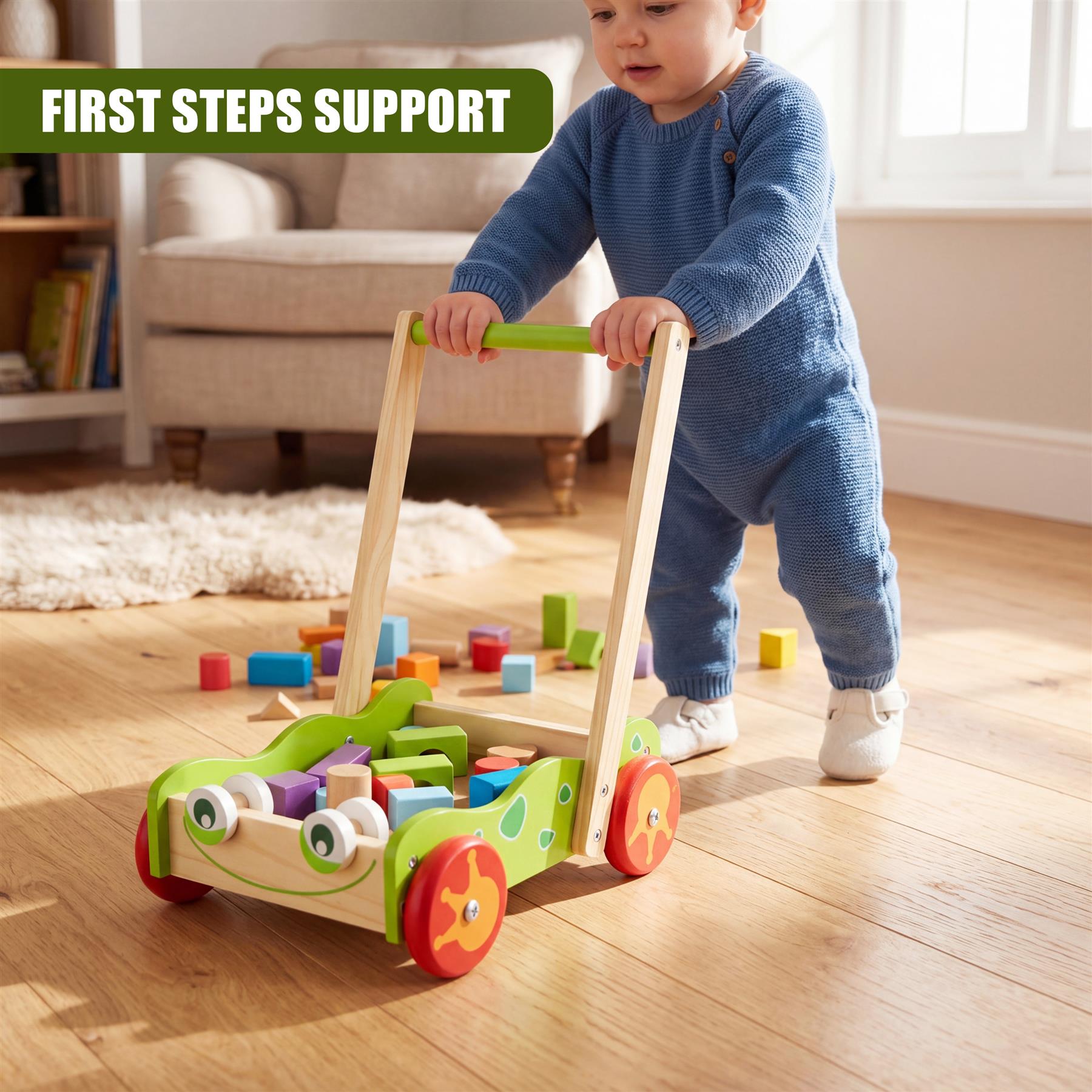 Wooden walker and colorful scattered blocks are visible on the floor near a standing toddler.