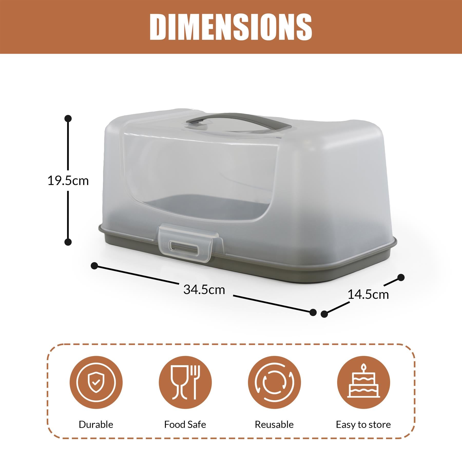 Plastic cake carrier container shown with dimensions: 19.5 cm, 34.5 cm, and 14.5 cm.
