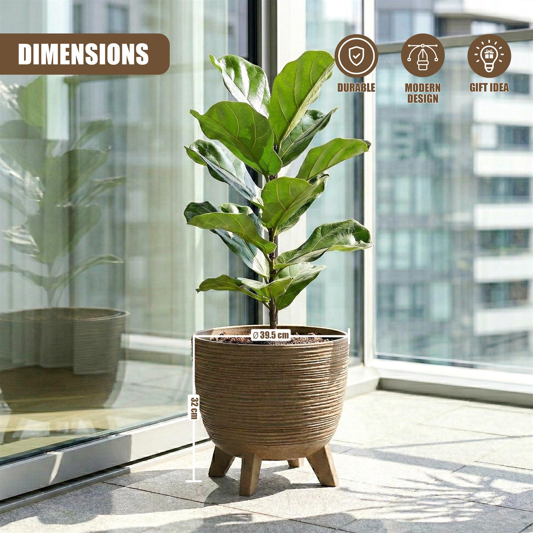 A woven brown pot stands on three legs, displaying a vibrant green leafy houseplant.