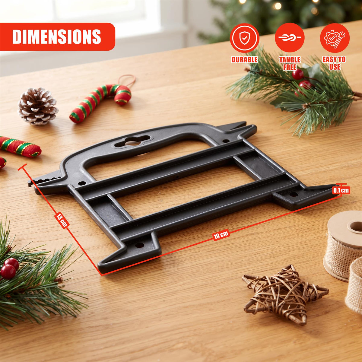 GEEZY Christmas Light Reel Storage, a black plastic holder with dimensions 19 x 13 cm, features hanging holes