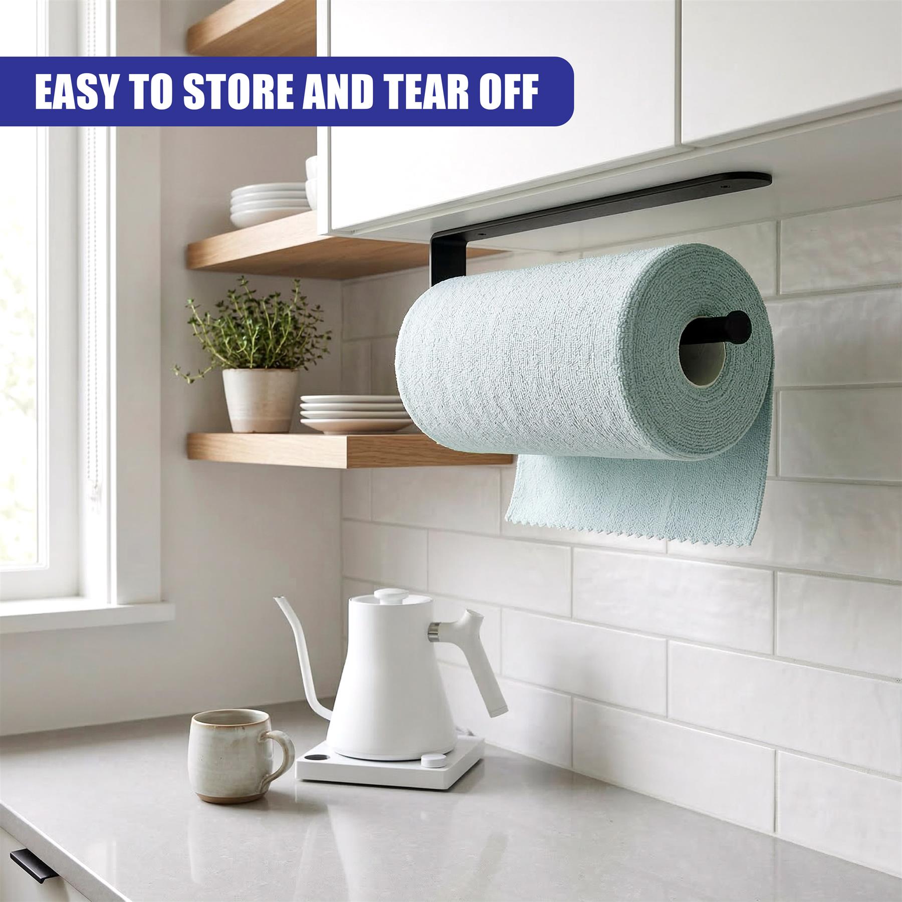 Light blue microfiber cloth roll mounted under a cabinet over a kitchen counter.