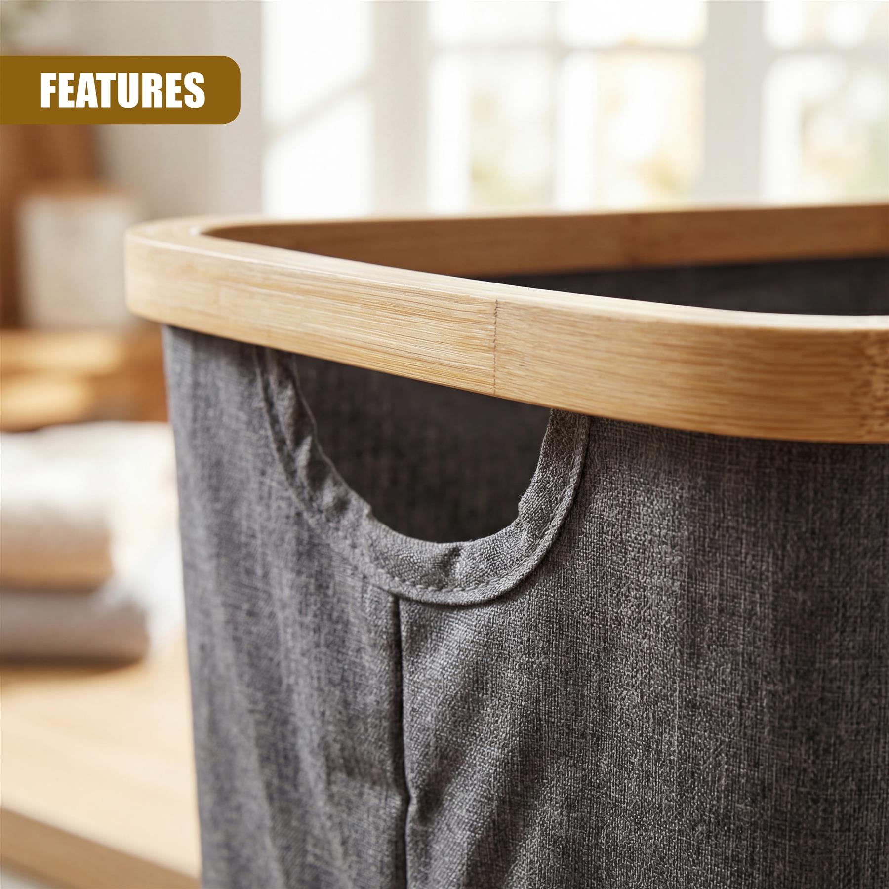 Grey fabric laundry hamper featuring a visible wooden rim and hanging cloth loop detail.