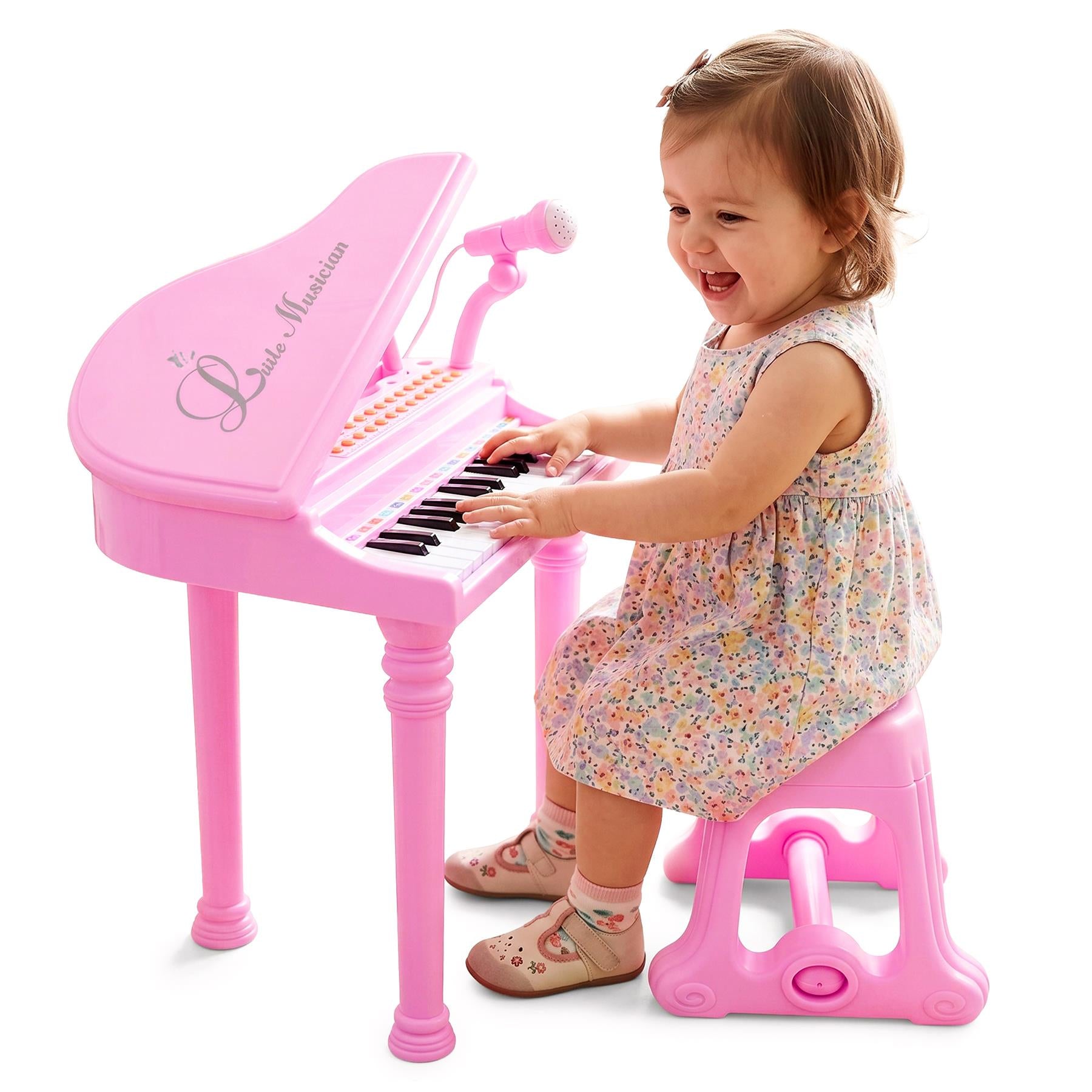 Pink Electronic Piano With Microphone and Stool