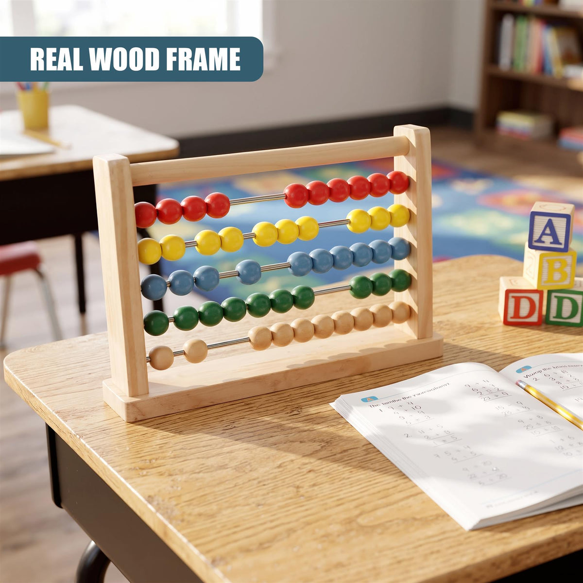 Wooden abacus with colourful beads sits on a wooden table in a classroom setting