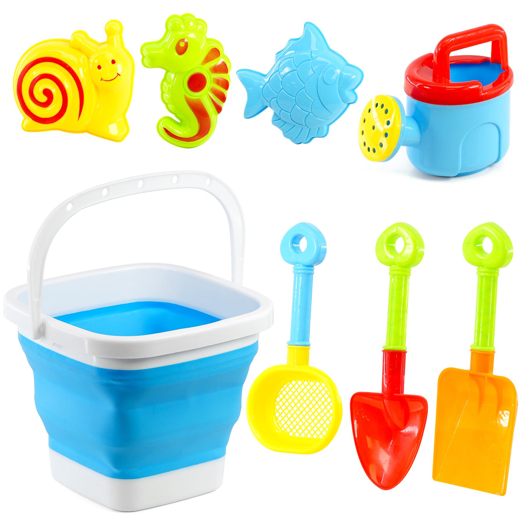 Eight-piece playset including a blue bucket, three scoops, and several colorful ocean animal toys.