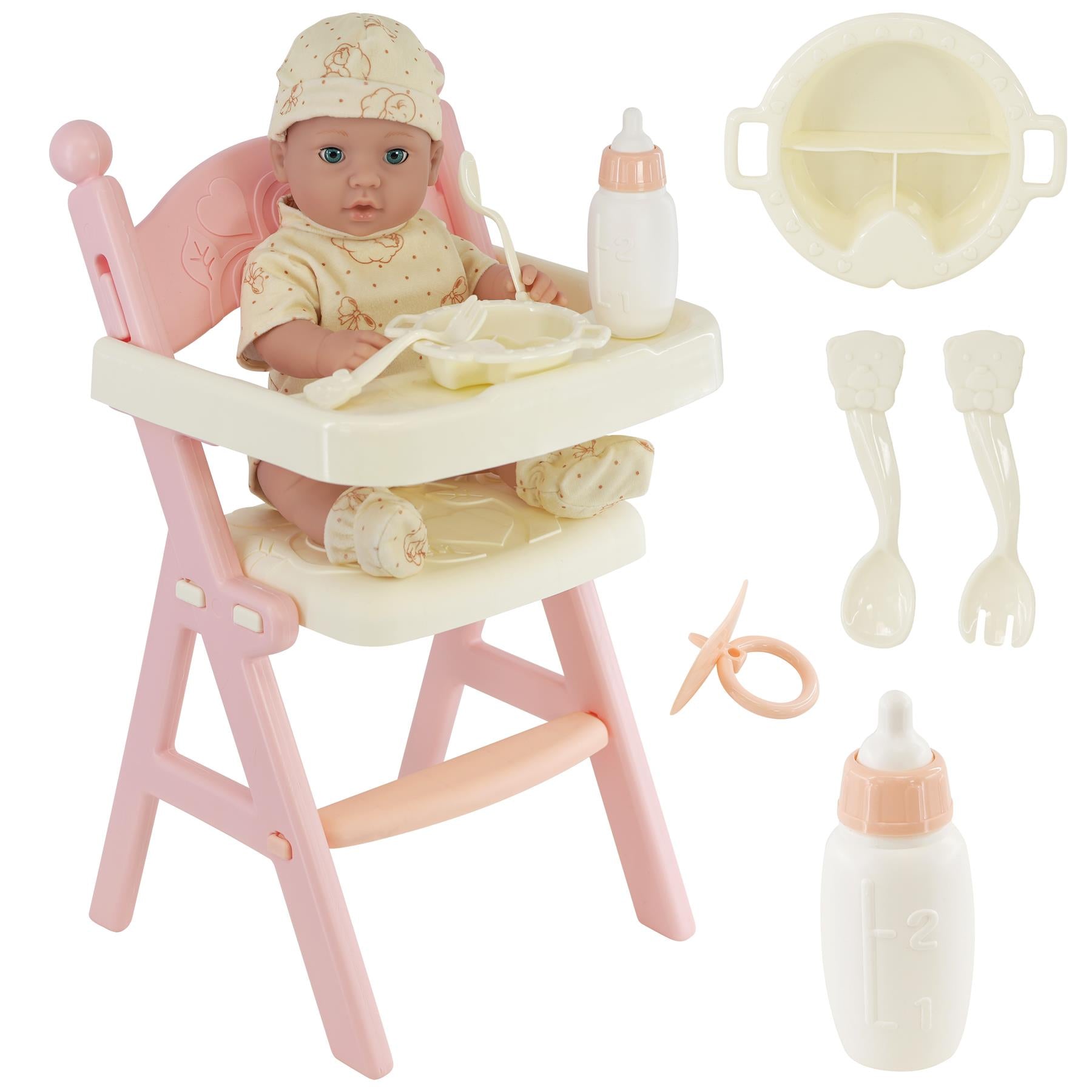 "A baby doll, high chair, and feeding accessories in a pink set." - The Magic Toy Shop