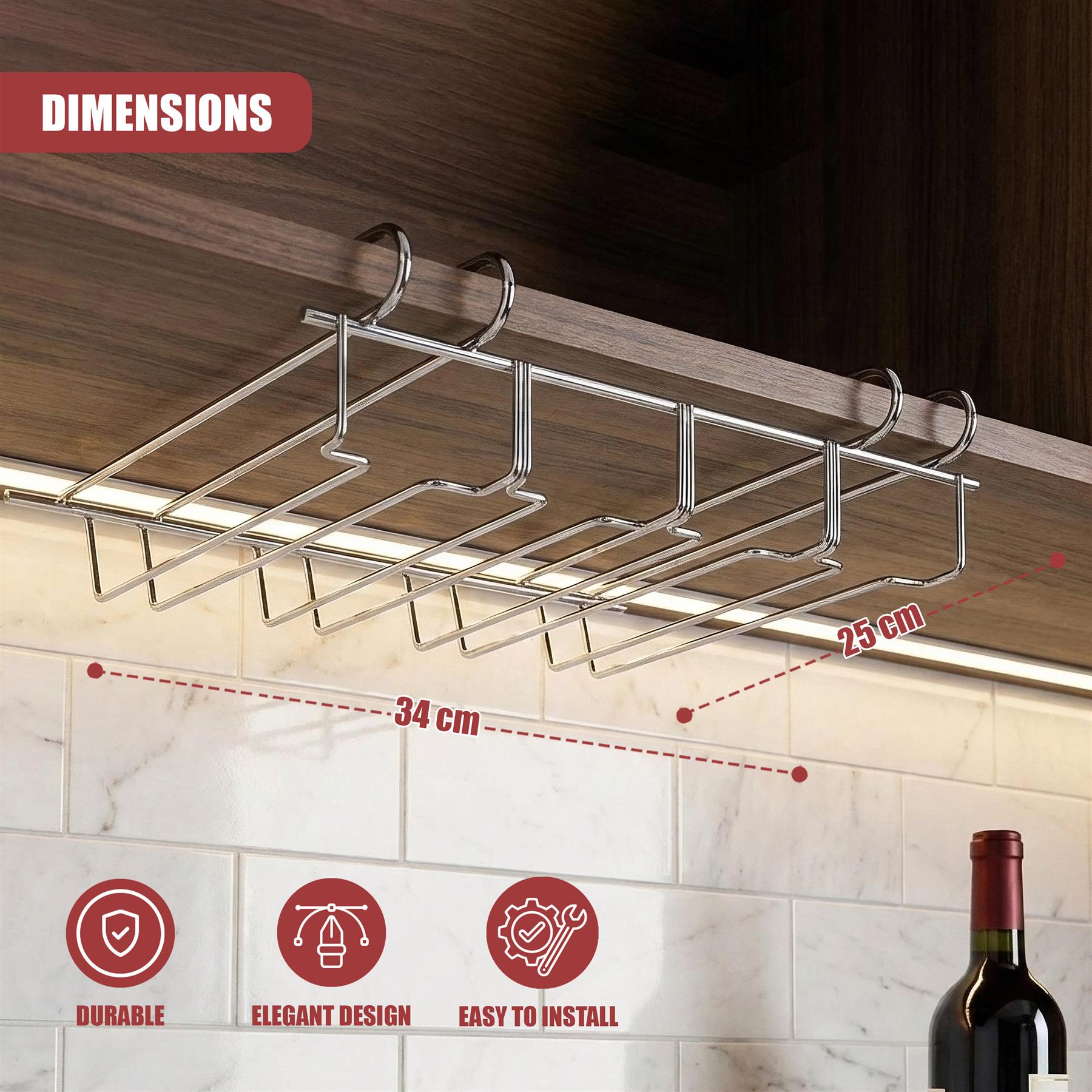 A stainless steel wine rack with 6 hooks and a wooden top, suspended from a wooden ceiling. The rack holds wine bottles and has a small basket below. - The Magic Toy Shop