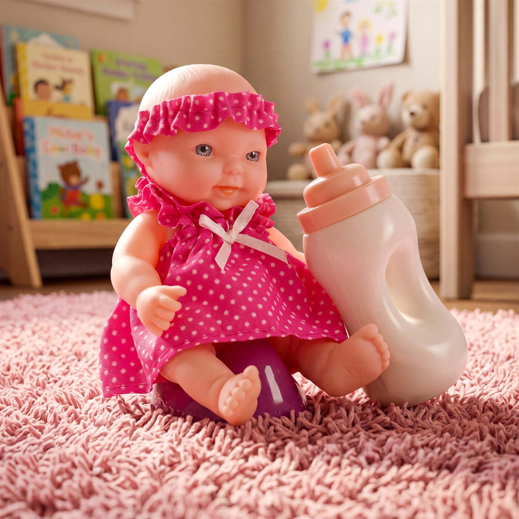 Pink polka-dot baby doll and large baby bottle accessory sit on a fluffy pink rug.