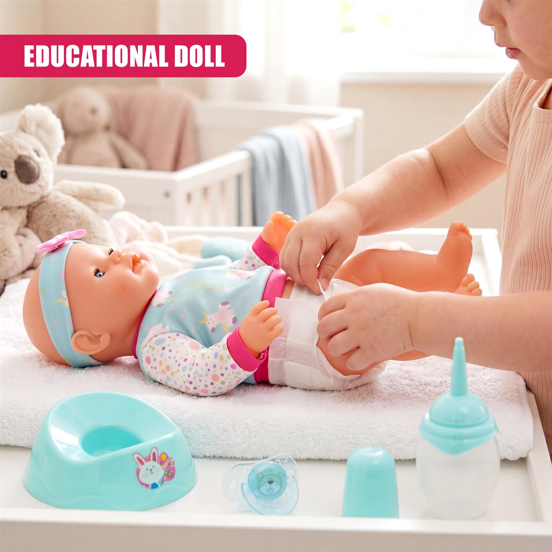 A child changes a doll's diaper in a crib setting with a bottle, pacifier, and accessories.