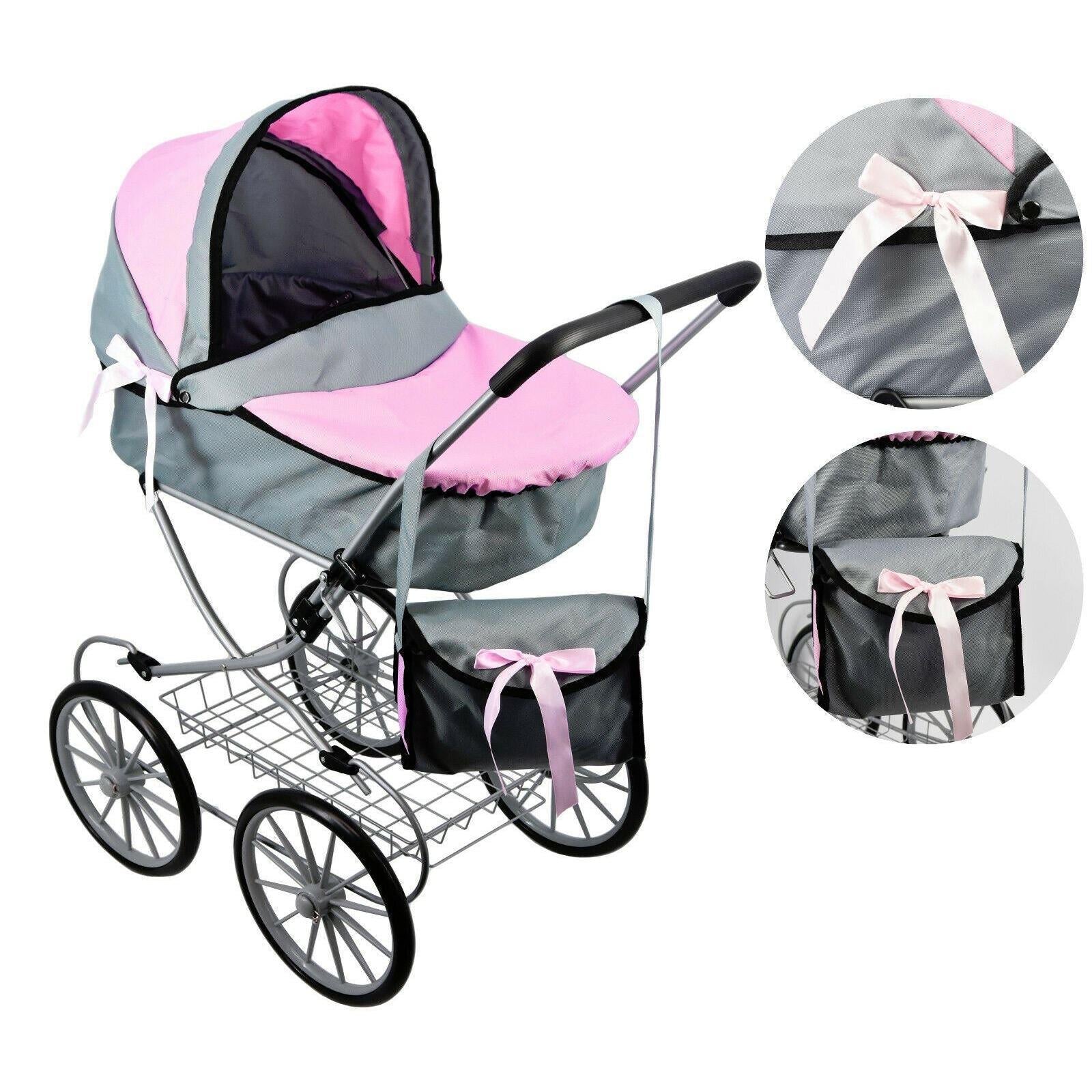 Pink and Grey Vintage Cambridge Doll Pram by BiBi Doll - The Magic Toy Shop