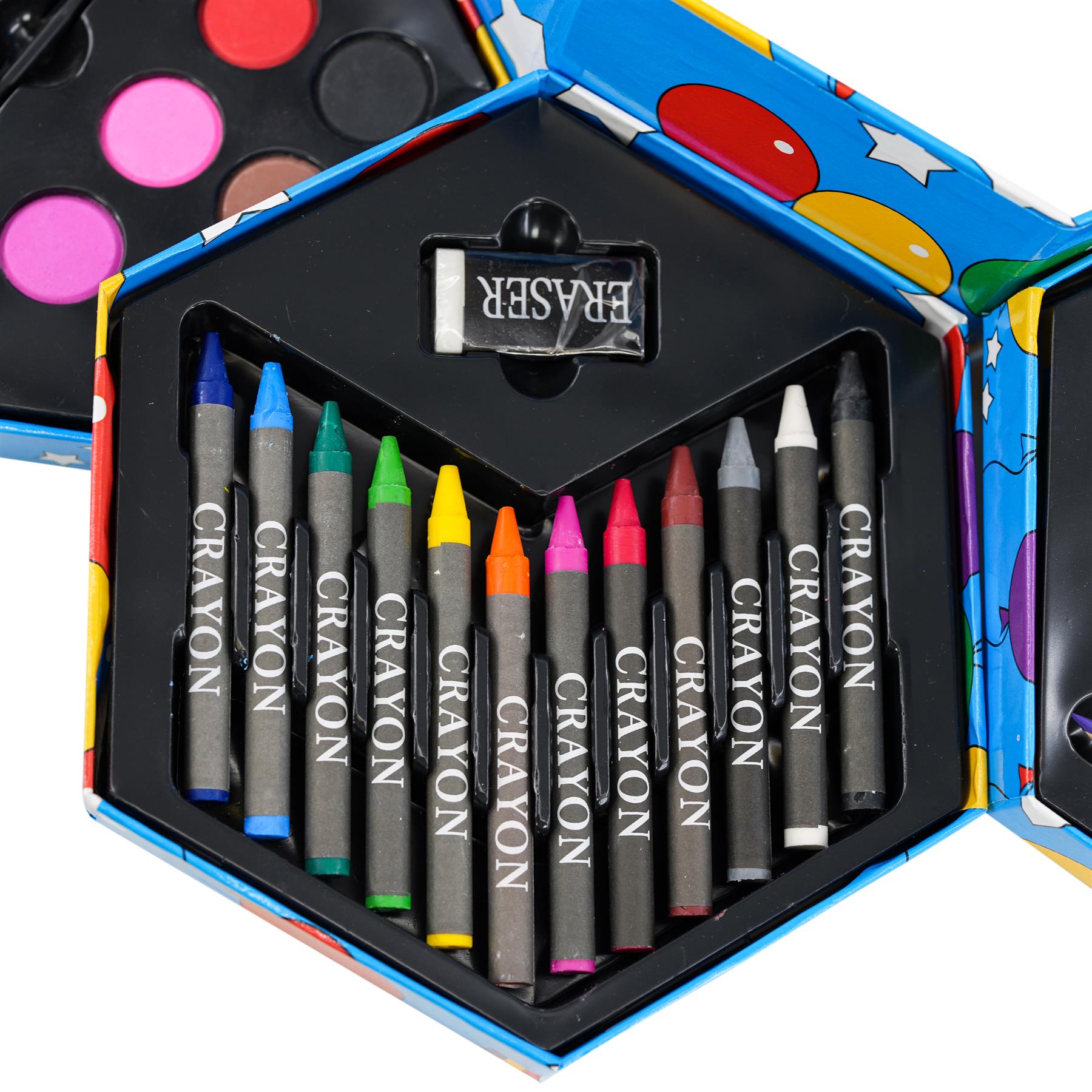 Collection of crayons and erasers displayed in a blue, segmented plastic art storage box.