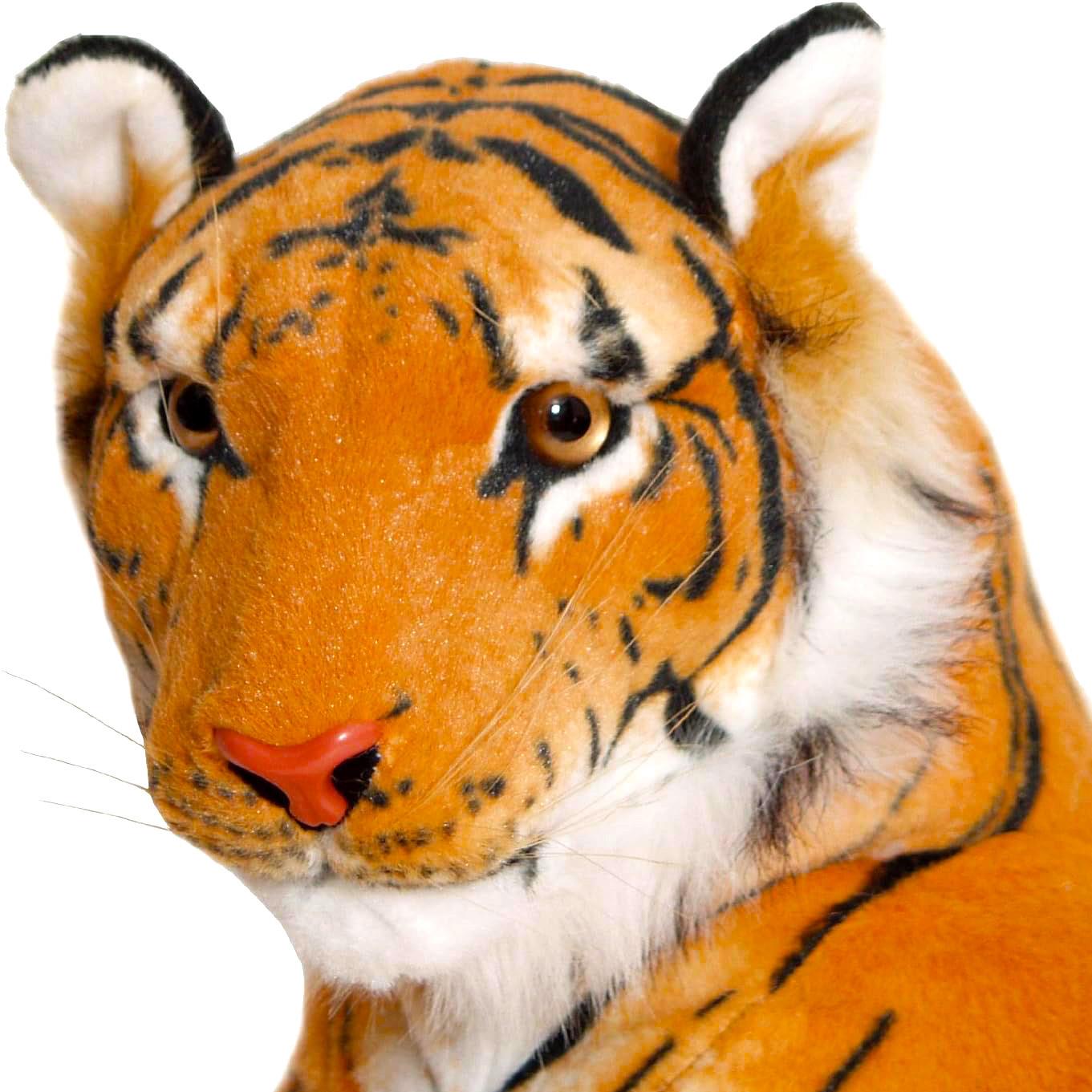 Close-up of a stuffed Bengal tiger plush toy featuring orange fur and black stripes.