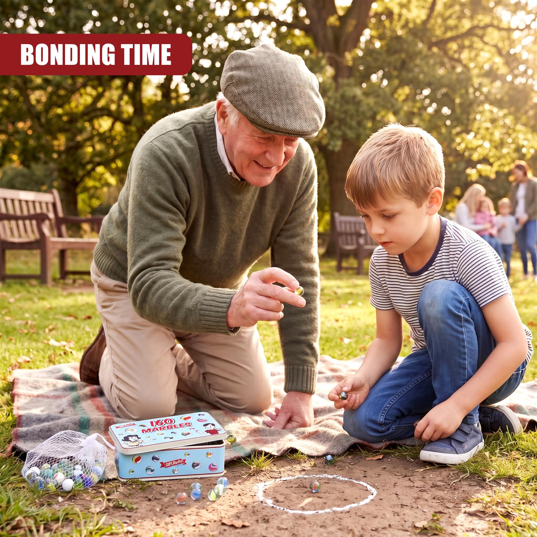 An open tin box of colorful marbles rests on the ground near the kneeling people.
