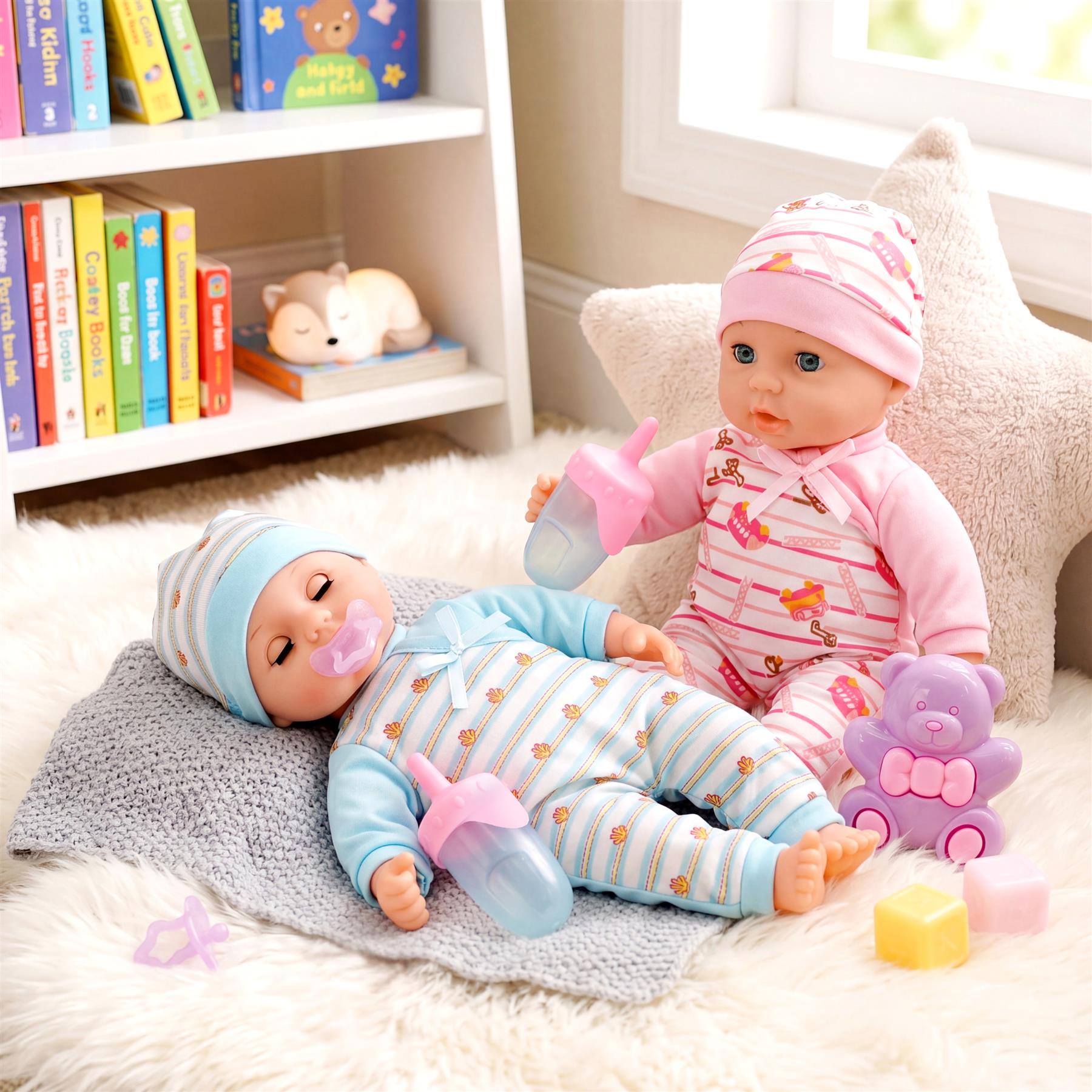 A baby doll in blue and pink outfits rests on a gray blanket with accessories, bottles, and plush toys.