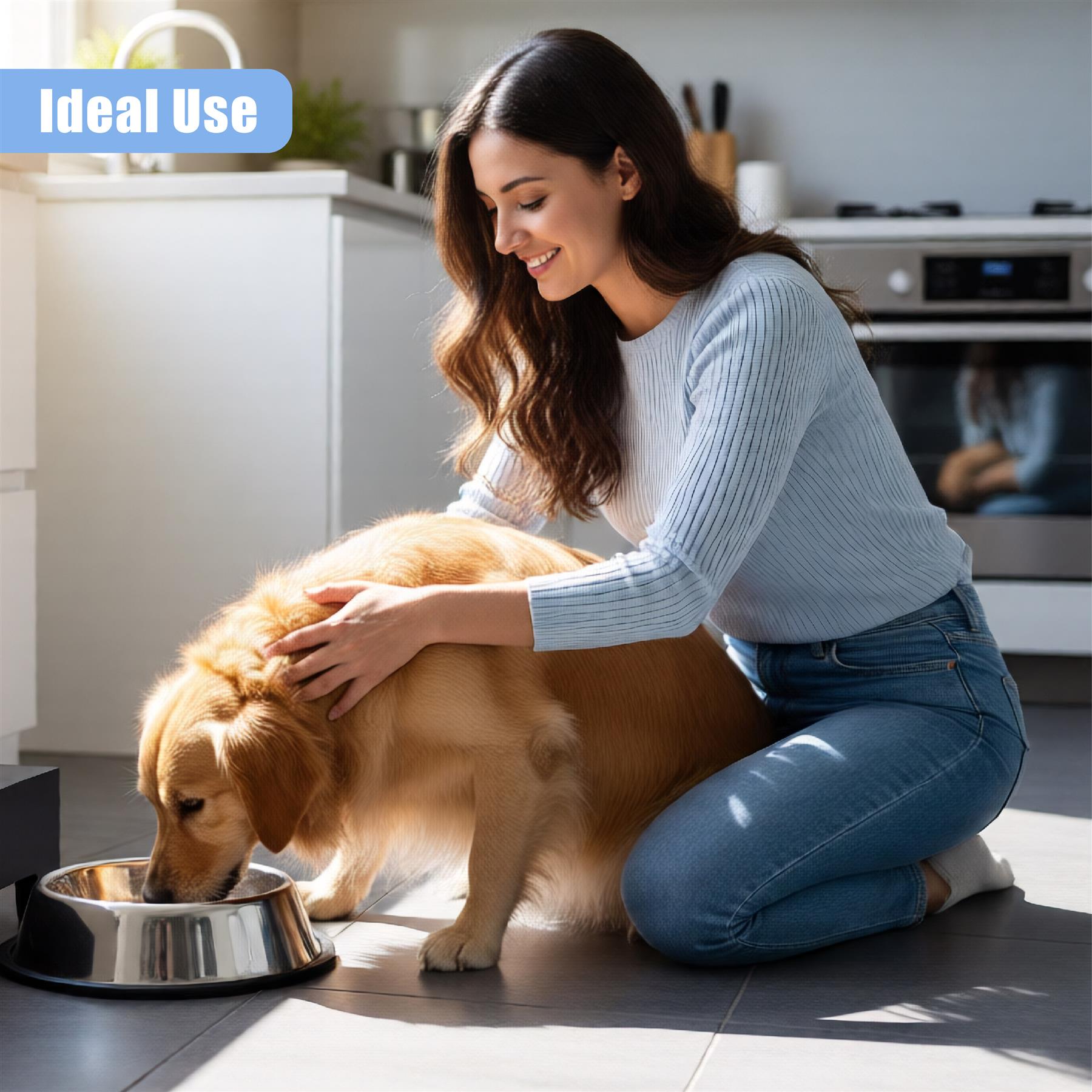 A woman kneels on the floor with her dog, a golden retriee, in a modern kitchen. The dog is eating from a metal bowl on the floor, while the woman pets it gently. - The Magic Toy Shop