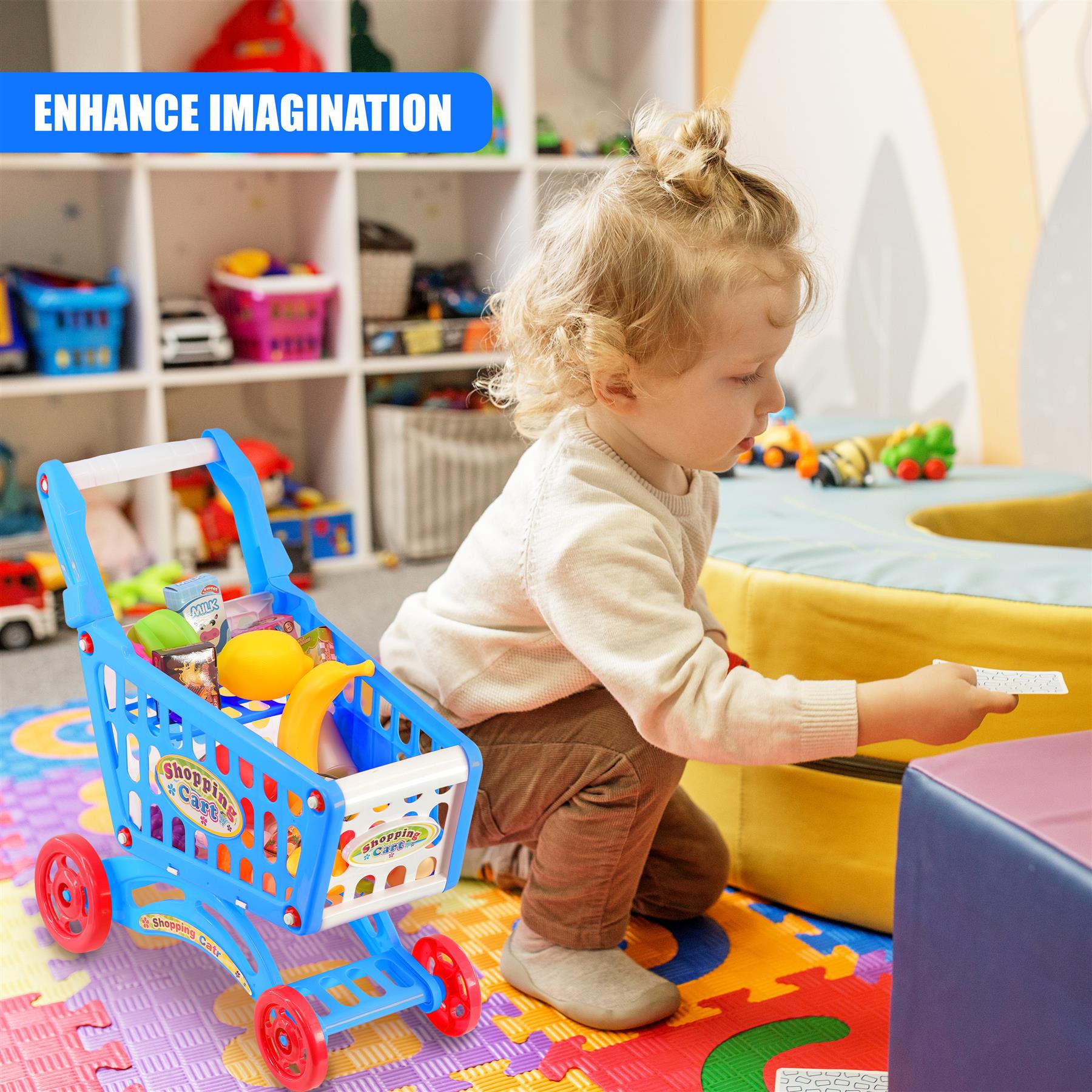 Blue Shopping Trolley Cart Play Food Set by The Magic Toy Shop - The Magic Toy Shop