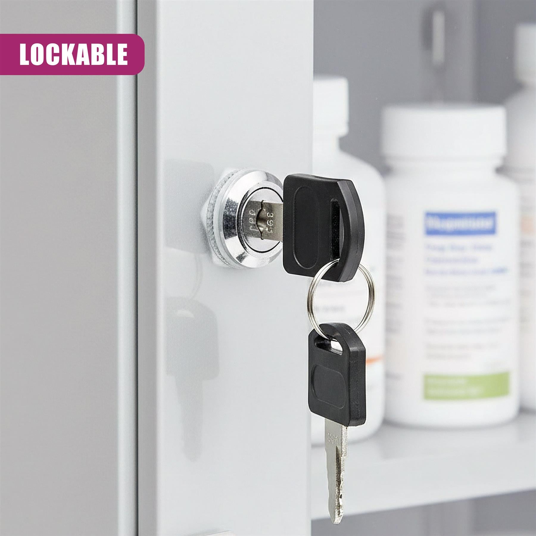 White cabinet door featuring a visible mechanical silver lock, an attached key ring, and a hanging metal key.