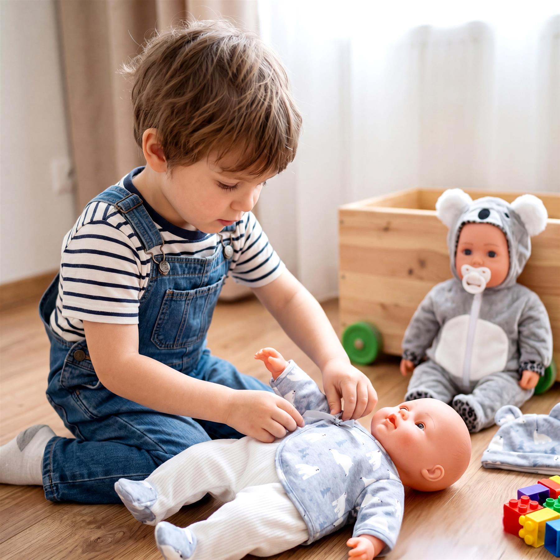 A child dresses a doll, while stuffed animal dolls sit nearby on a wooden floor.