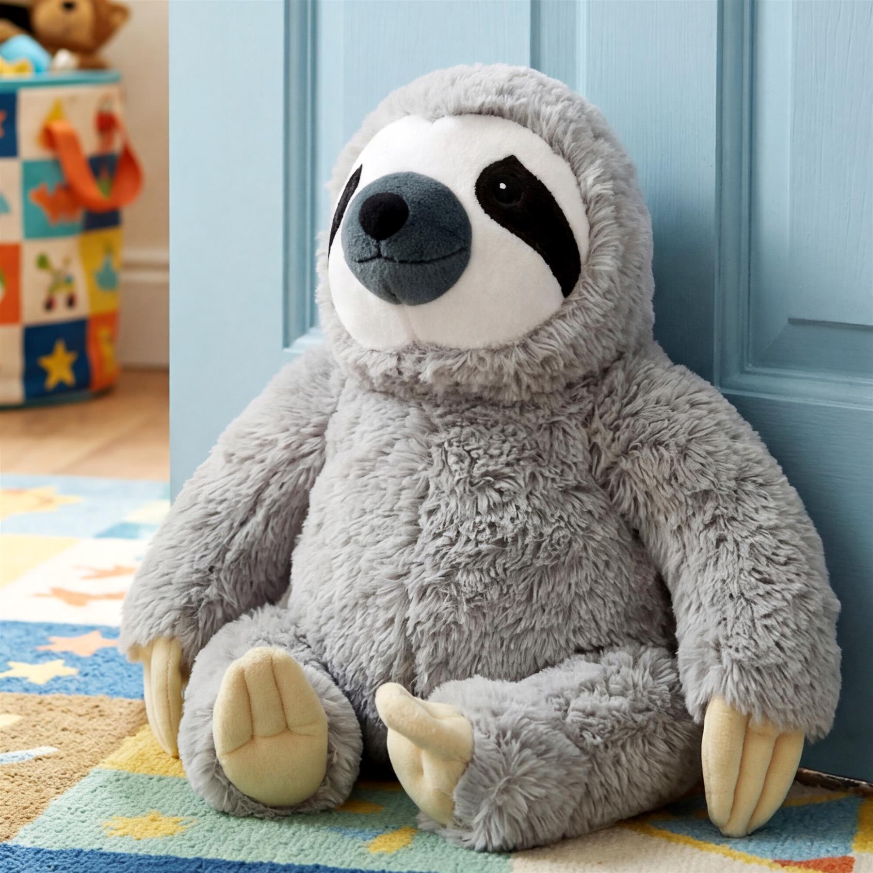 A gray, fuzzy sloth novelty toy with black eye markings sits on a patterned rug.