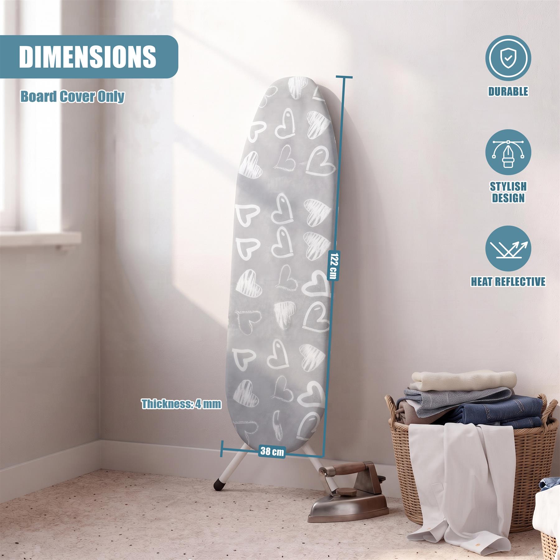 Grey Heart Ironing Board Cover (122 x 38 cm)