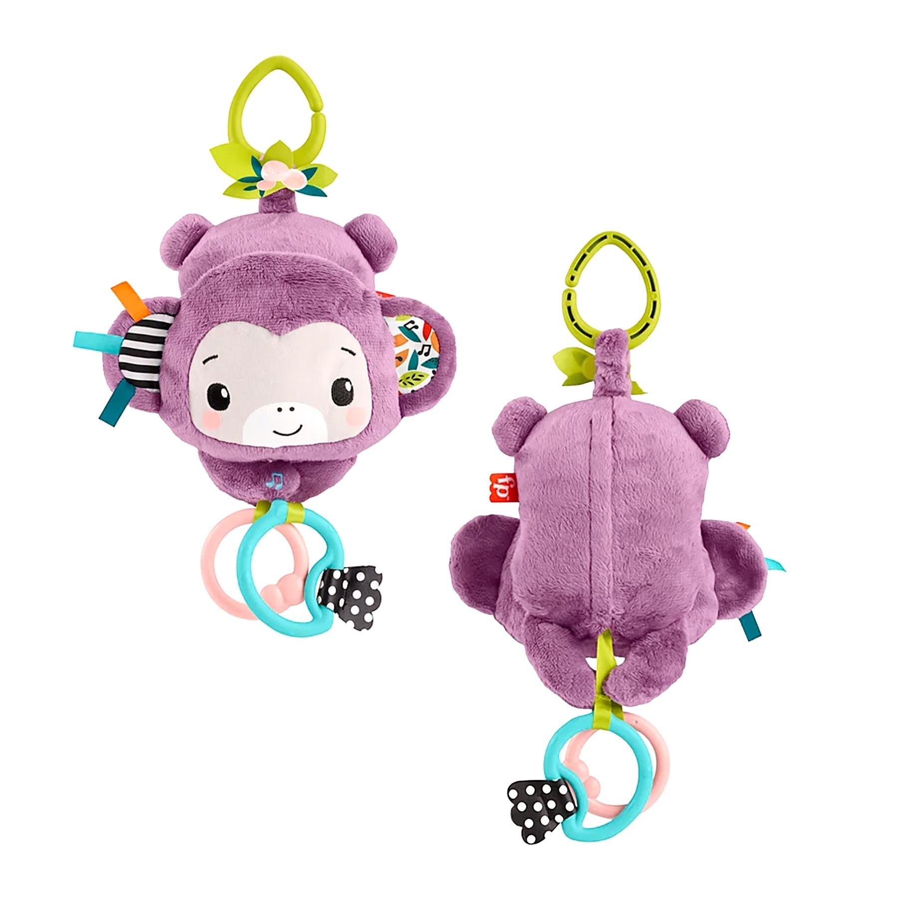 A pair of purple plush toys, including a monkey and a stroller, with attached hanging toys.