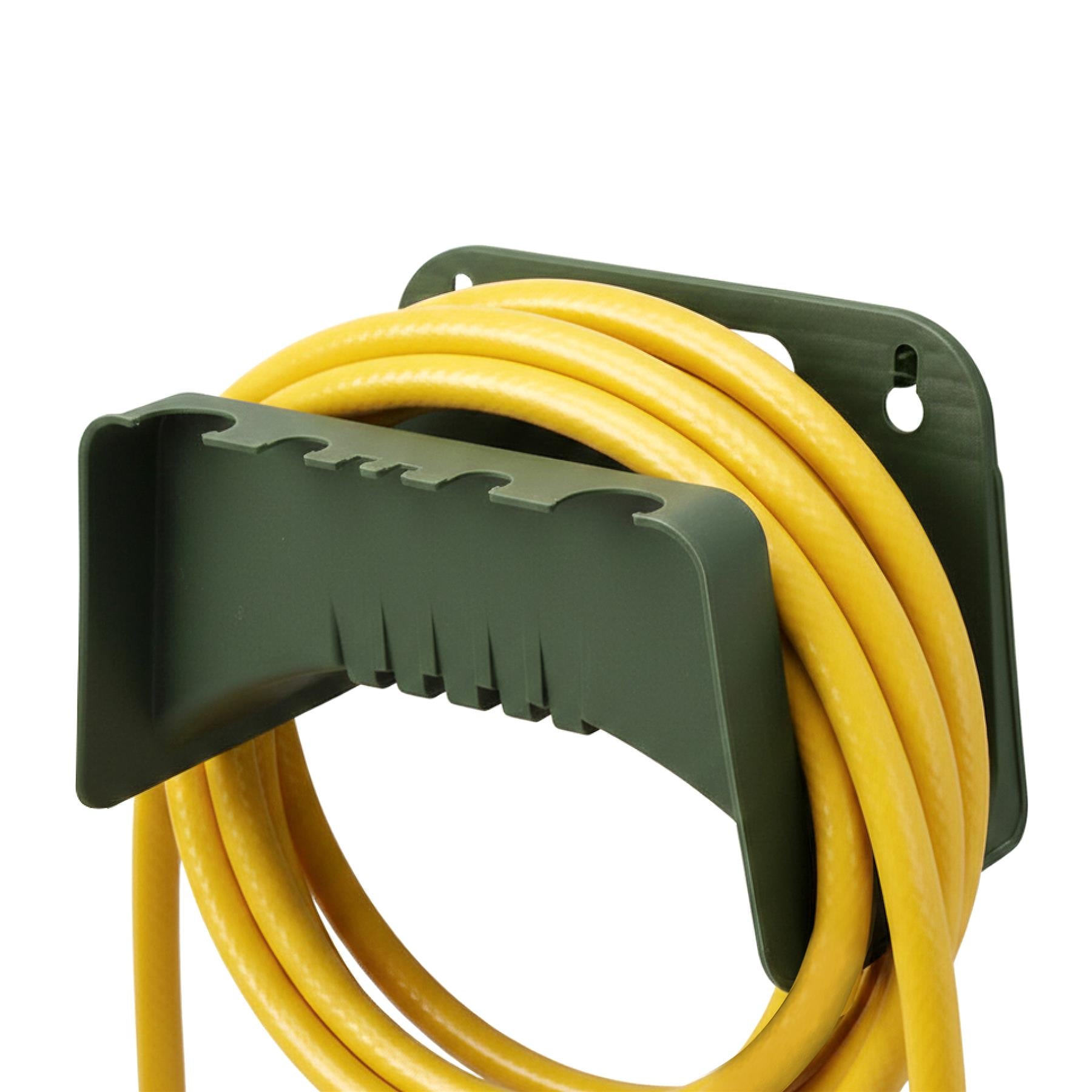 Dark green plastic holder bracket mounted for garden hoses, wrapped by a coiled yellow hose.