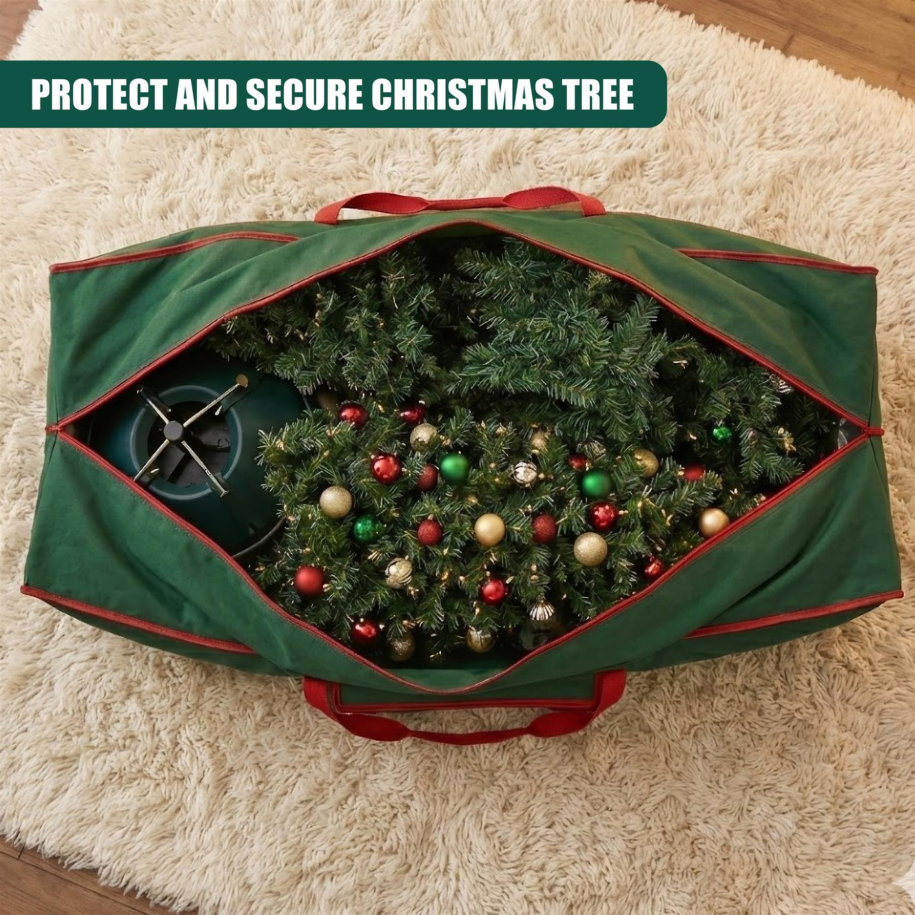 A green storage bag with a red trim, zipped open to reveal a Christmas tree inside, surrounded by various ornaments. The tree is nestled in the bag's center, its branches visible through the opening. The bag's interior is dark green, with a red lining. The tree is surrounded by a mix of red, gold, and green ornaments, which are scattered throughout the bag. The tree's branches are visible, with some of the branches having ornaments. The bag is placed on a white, fluffy rug, which provi… - The Magic Toy Shop